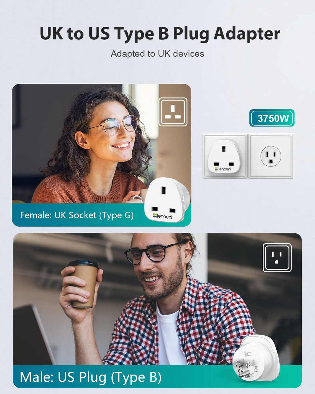 LENCENT UK to CA Canada Plug Adapter, 2 Pack Grounded CA Visitors Travel Converter, Converts All Type G Plugs from United Kingdom UK Singapore Malaysia UAE Ireland Malta Hongkong (Type B