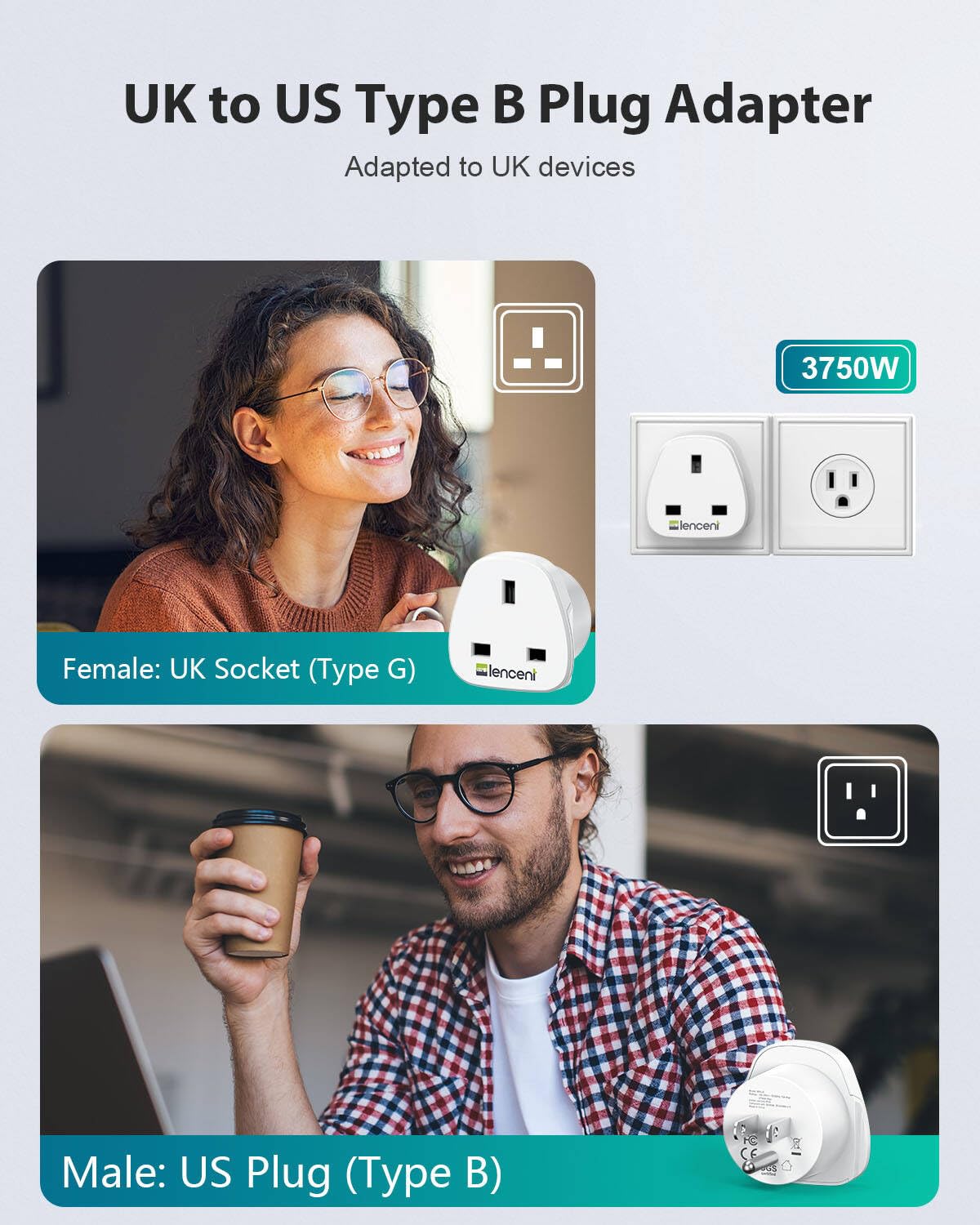 LENCENT UK to CA Canada Plug Adapter, 2 Pack Grounded CA Visitors Travel Converter, Converts All Type G Plugs from United Kingdom UK Singapore Malaysia UAE Ireland Malta Hongkong (Type B
