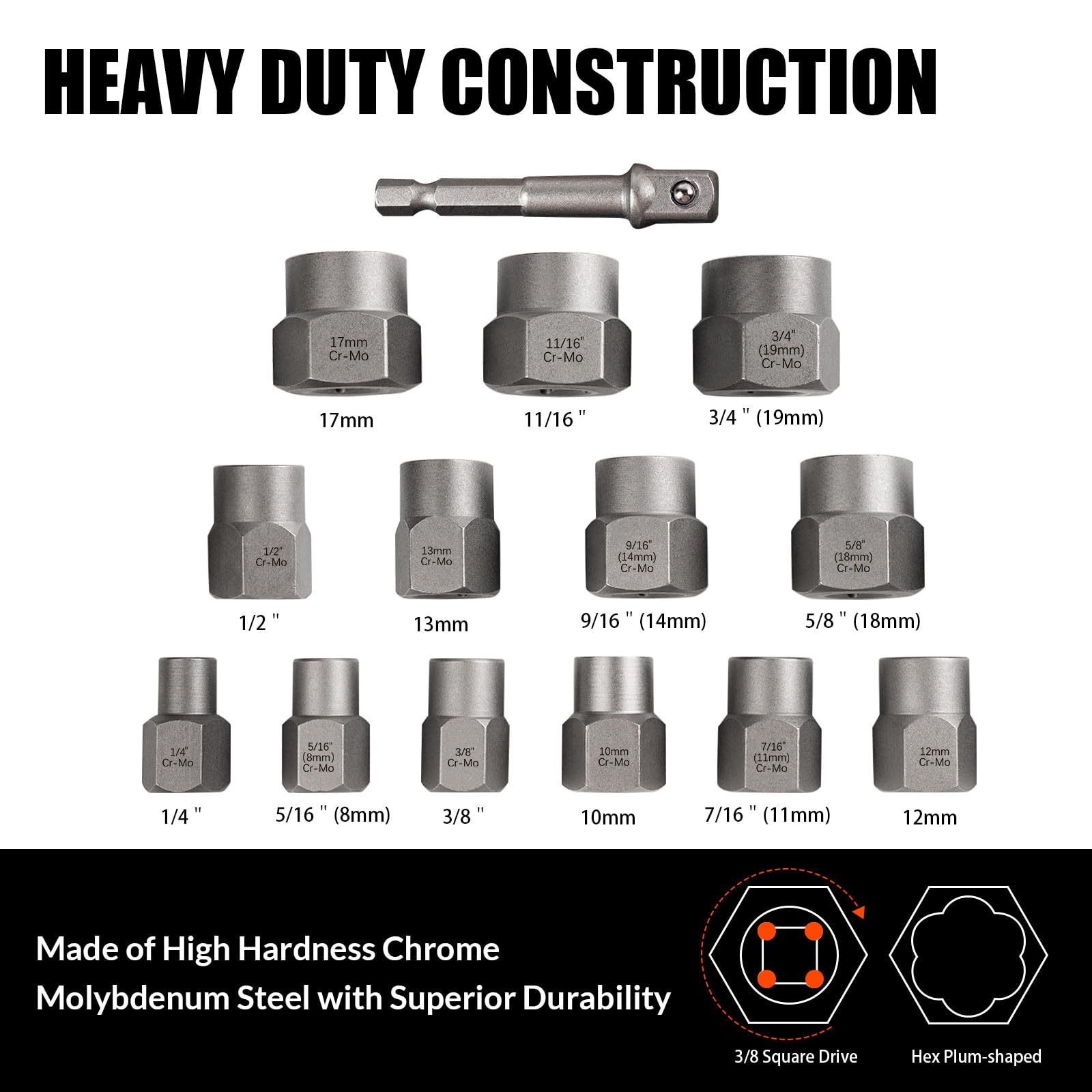 Coobeast Bolt Extractor Set Heavy Duty, 13Pcs Bolt Extractor Kit with 3/8 Inch Adapter, Stripped Lug Nut Remover, Easy Out Bolt Remover Set for Rusted, Rounded, Damaged Nuts Screws