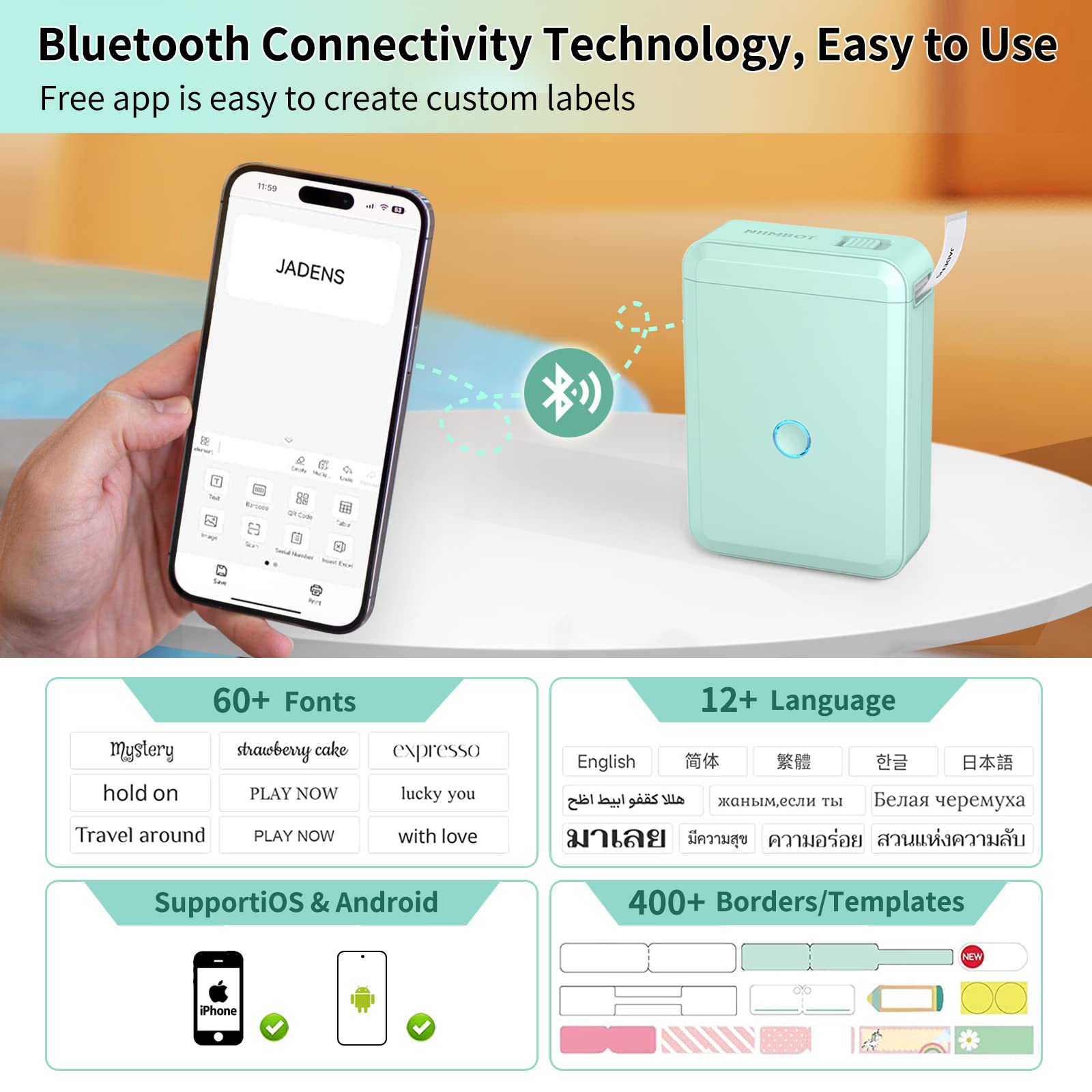 JADENS D110 Bluetooth Label Maker Machine, Portable Label Maker with Multiple Templates, Includes 1/2" Label Tape, Mini Label Printer for Home, School & Office Organization, Rechargeable, Green