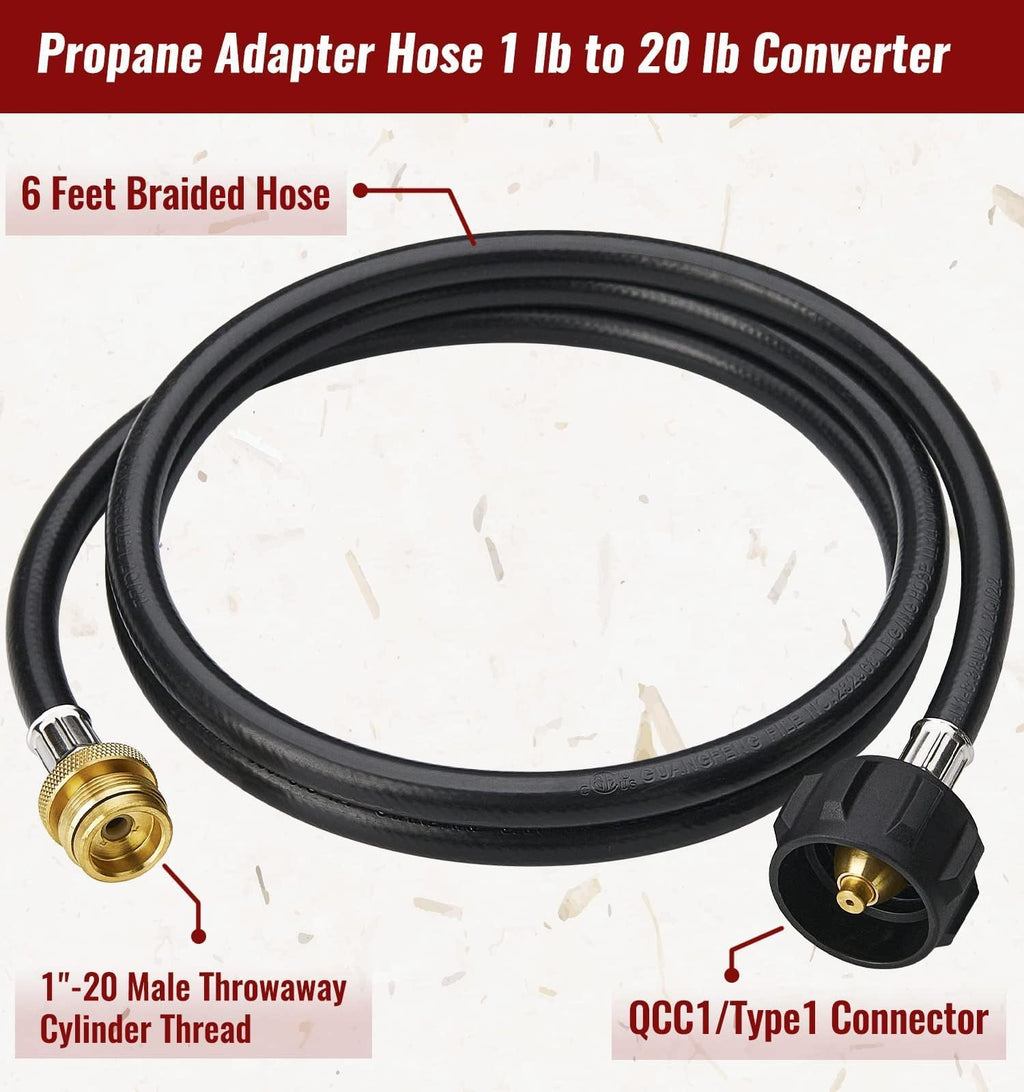 CALPOSE 6 Feet Propane Adapter Hose, 1lb to 20lb Adapter Converts 1lb Appliances to 5-40lb Tanks, Gas Hose for Weber Q, Coleman Grill, Buddy Heaters and More