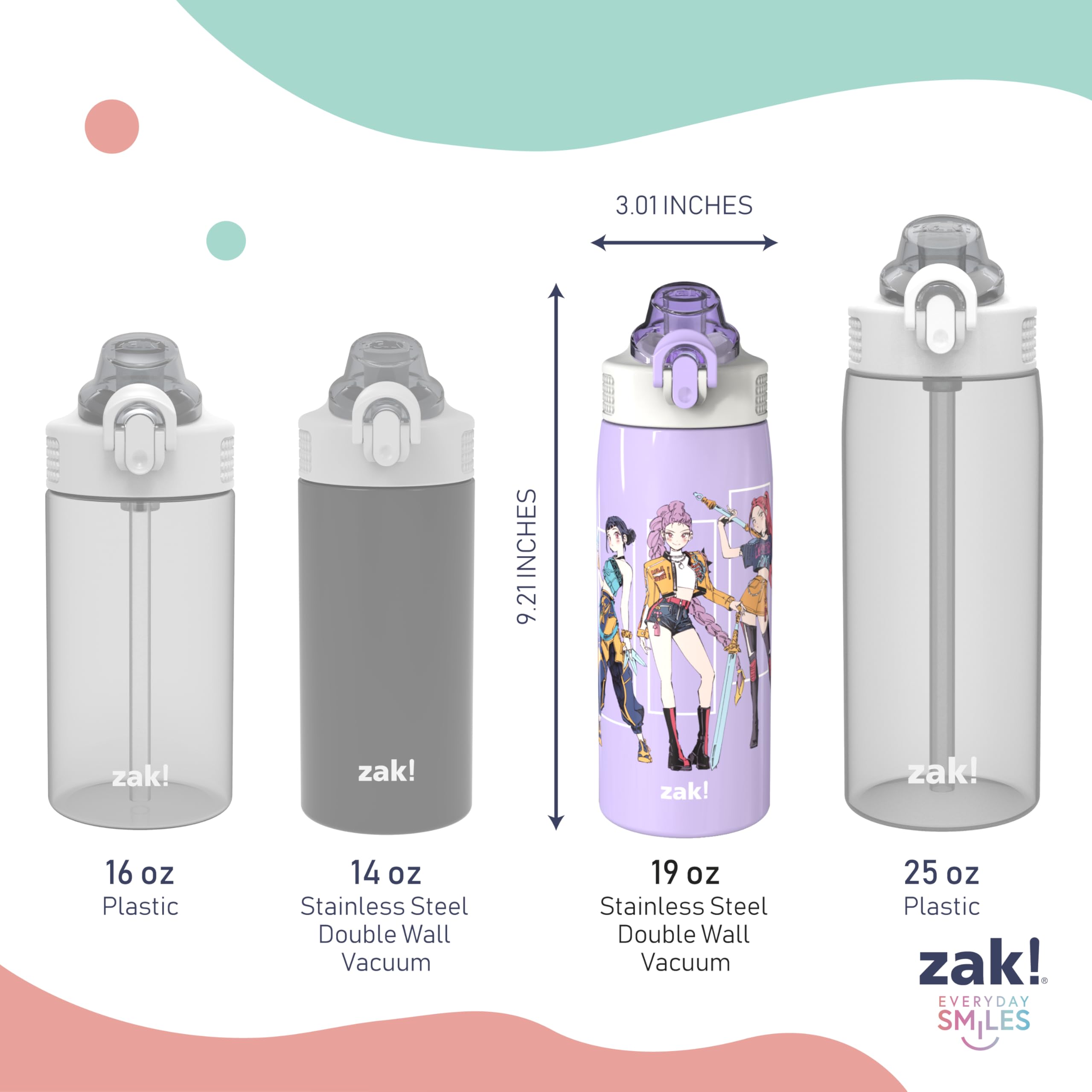 Zak Designs KPop Demon Hunters Sage Kids Water Bottle For School or Travel, 19oz Stainless Steel Water Bottle With Straw, Handle, and Leak-Proof, Pop-Up Spout Cover (Rumi, Mira, Zoey)