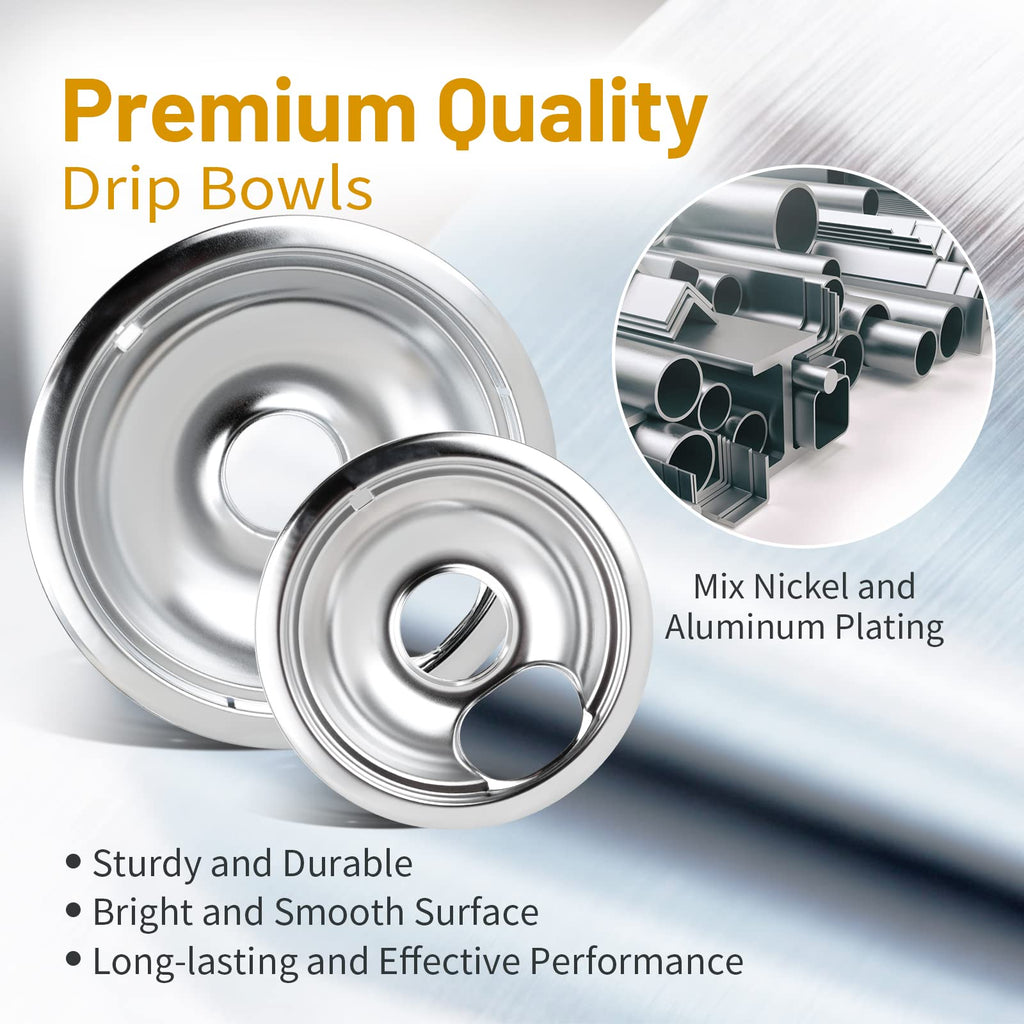 4 Pack Chrome Drip Pans, Compatible with Whirpool Kenmore Frigirate Stove Top Drip Bowls. Include 2 Pcs 6'' Range Replacement Drip Pans and 2 Pcs 8 '' Cooktop Drip Pans