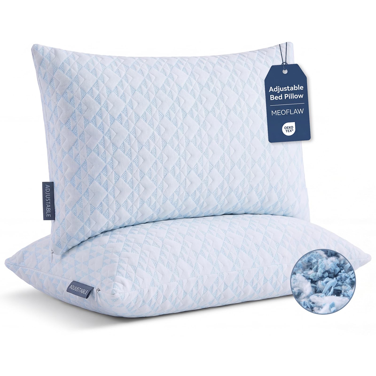 Adjustable Memory Foam Bed Pillows:Queen Size Shredded Foam Pillow Set of 2 for Sleeping with Removable & Washable Pillowcase for Back,Side & Stomach Sleeper-Medium Firm