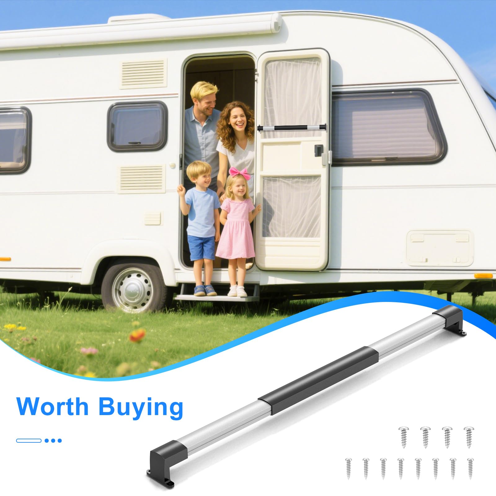 RV Screen Door Handle Adjustable Cross Bar Universal Fit Push Bar Metal and Plastic Durable Construction Crossbar for Travel Trailer Motorhome Camper Accessories