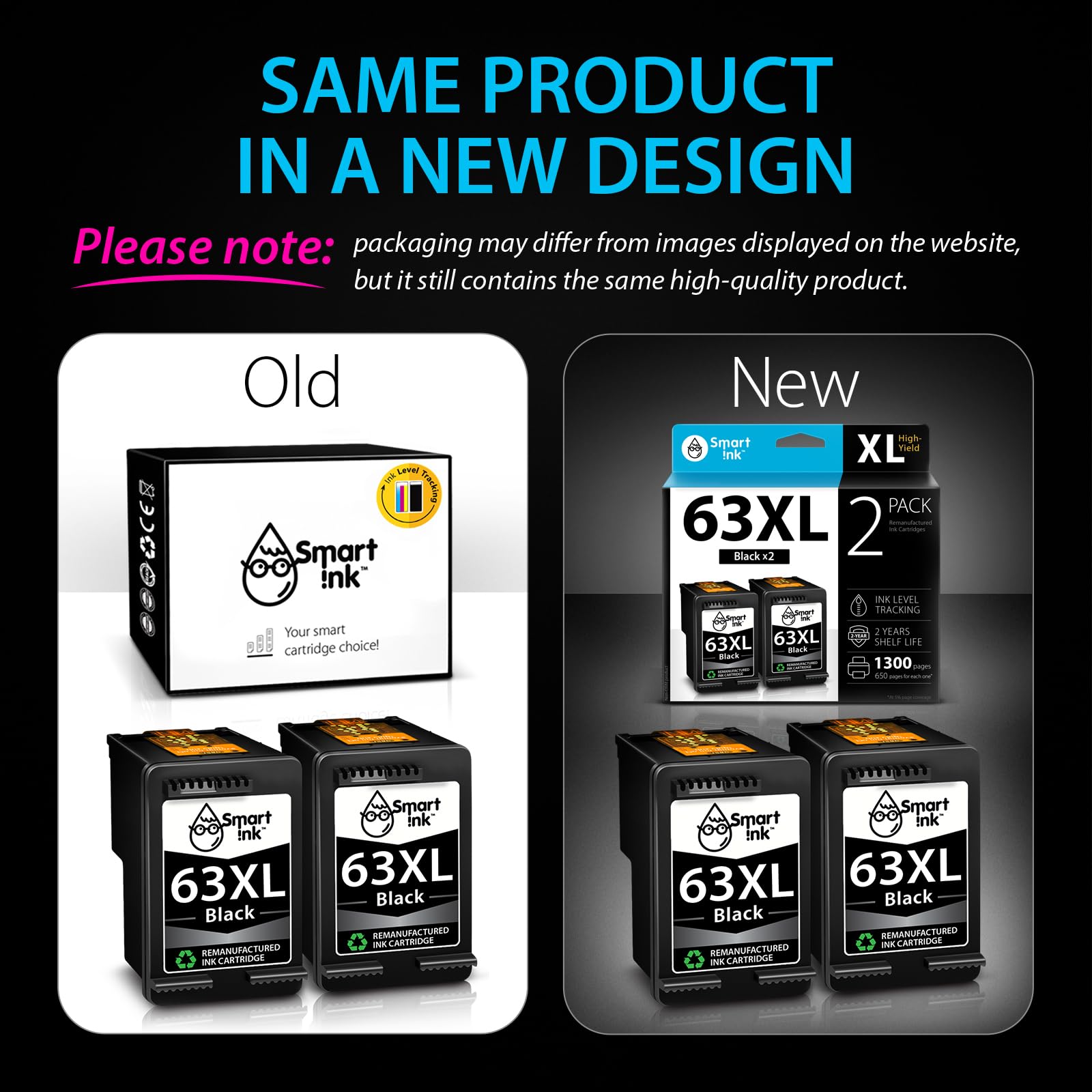 Smart Ink Remanufactured Ink Cartridges Replacement for HP 63 XL 63XL (2 Black Combo Pack) to use with Envy 4520 4522 4516 OfficeJet 3833 3830 4650 3836 5255 5200 DeskJet 3630 3632 3836 3634 Printer