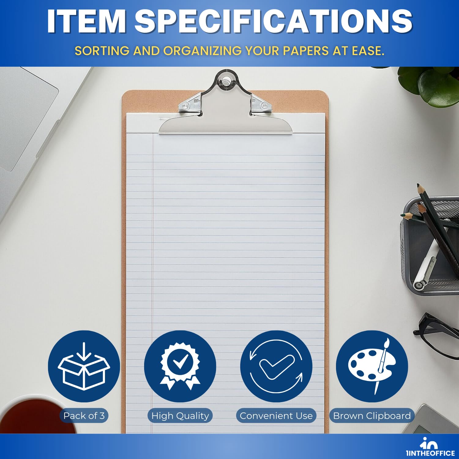1InTheOffice Legal Size Clipboard, Heavy Duty Clipboard, Hardbound, Brown, 9x15.5 (3 Pack)