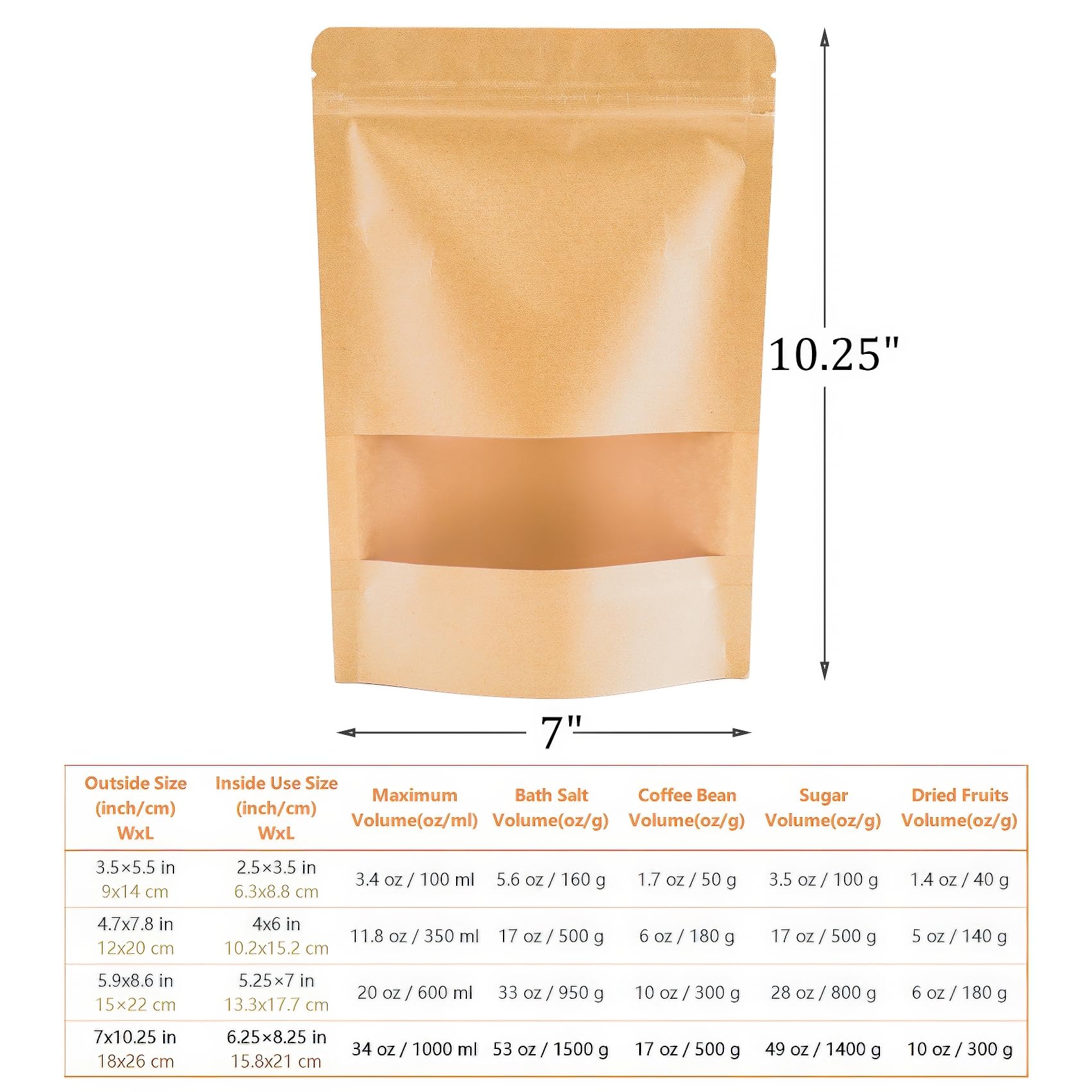 Kingrol 100 Count 7 x 10.25 Inch Kraft Paper Bags with Resealable Lock Seal Zipper &Transparent Window, Stand Up Food Bags