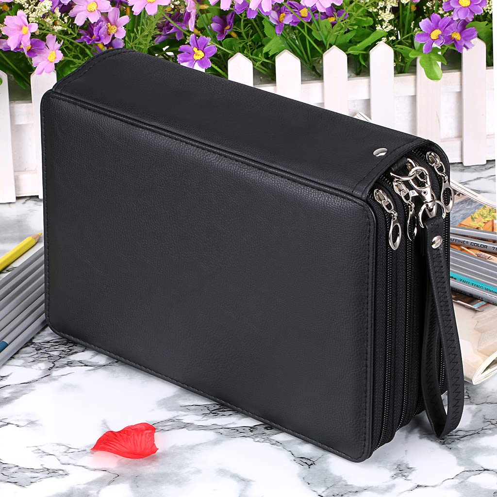 BTSKY 200 Slots Colored Pencil Case - Deluxe PU Leather Pen Pencil Holder with Removal Handle Strap Pencil Case Organizer Large Capacity for Colored Pencils Watercolor Pencils, Black