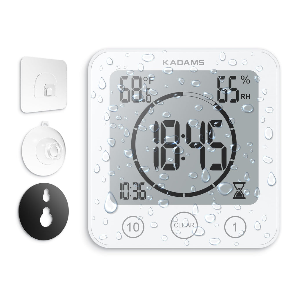 KADAMS Digital Bathroom Shower Kitchen Clock Timer, Waterproof for Water Splashes, Visual Countdown Timer, Time Management Tool, Indoor Temperature Humidity, Suction Cup, Hole Stand - White