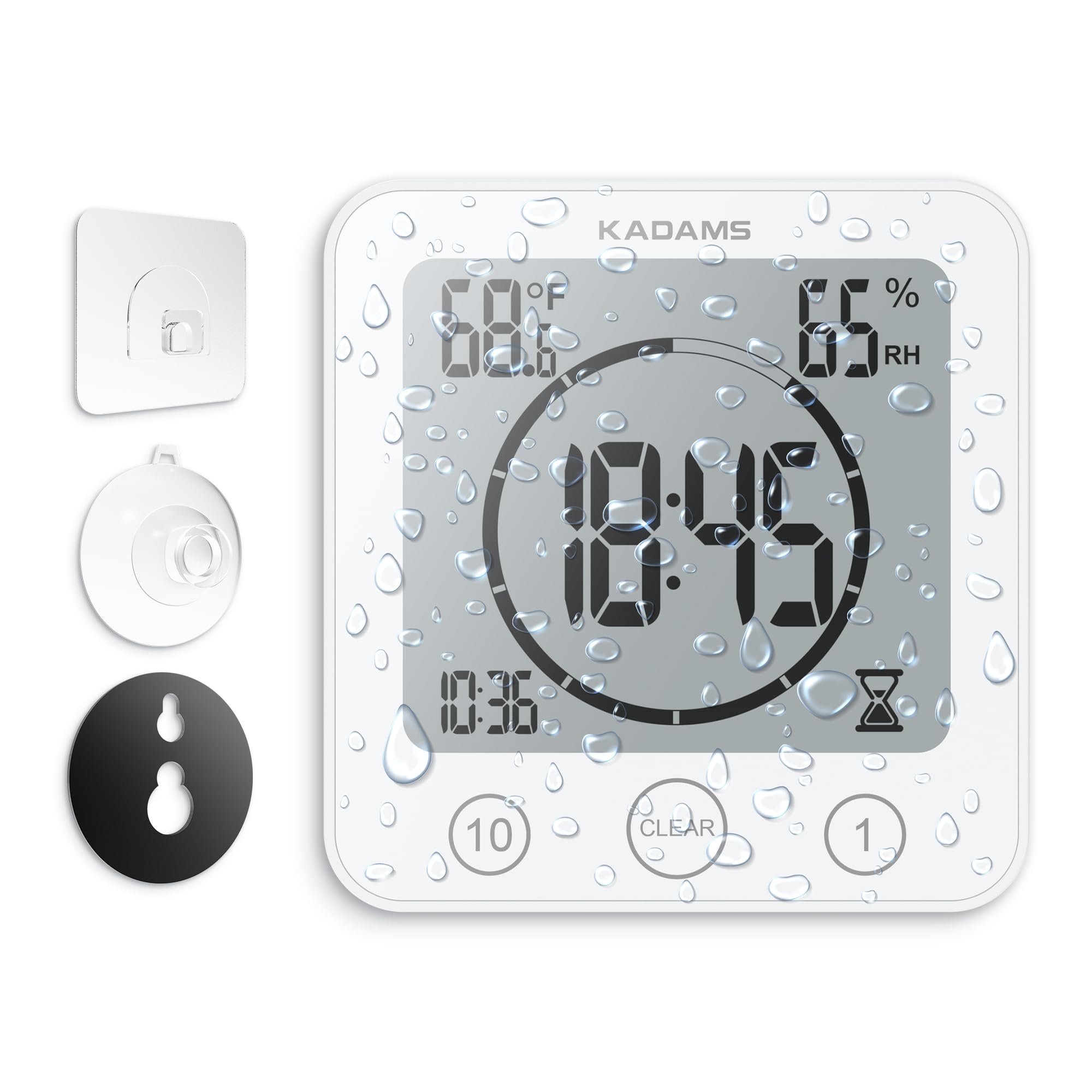 KADAMS Digital Bathroom Shower Kitchen Clock Timer, Waterproof for Water Splashes, Visual Countdown Timer, Time Management Tool, Indoor Temperature Humidity, Suction Cup, Hole Stand - White