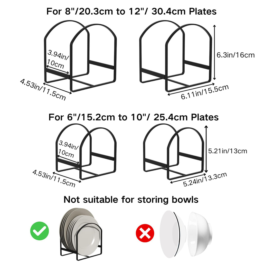 4 Pack Kitchen Plate Holder Organizer for Cabinet Space Saver Dinner Dish Plate Storage Rack Upright Dish Drying Racks Metal Dish Racks Stand for Cupboard and Countertop 2 Large 2 Small Black