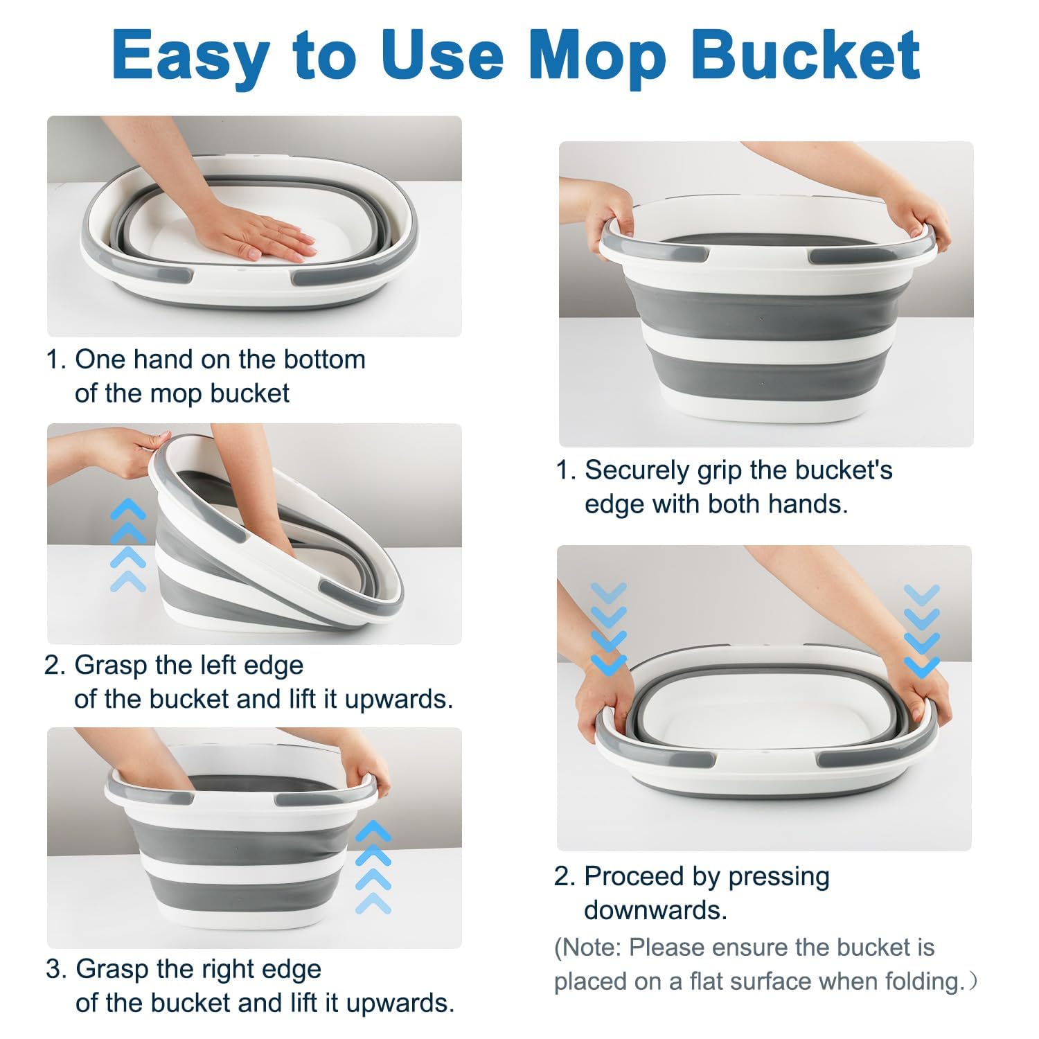 BIDFUL Collapsible Silicone Mop Bucket, 16L (4.2 Gallon) Square Cleaning Bucket with Handle for Windows Cleaning or Car Washing, Grey