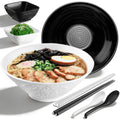 Kyraton Ramen Bowl Set 1200ml with Chopsticks Dipping Bowls and Spoons: 2 Large Unbreakable Japanese Style Plastic Noodle Soup Bowls for Asian Pho Soup Thai Miso Udon Wonton (Black, White)