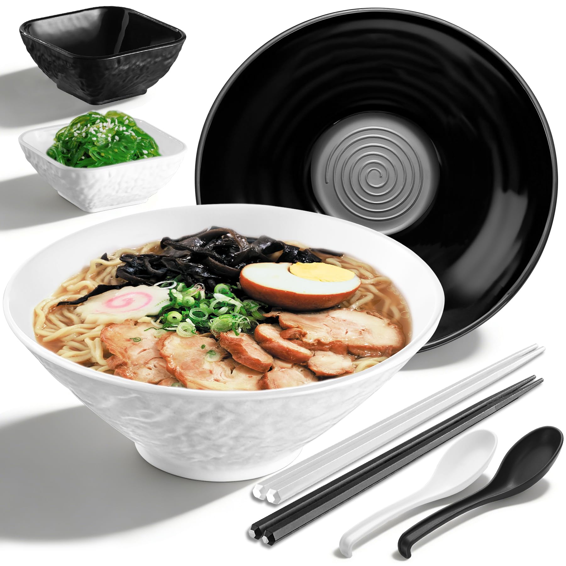 Kyraton Ramen Bowl Set 1200ml with Chopsticks Dipping Bowls and Spoons: 2 Large Unbreakable Japanese Style Plastic Noodle Soup Bowls for Asian Pho Soup Thai Miso Udon Wonton (Black, White)