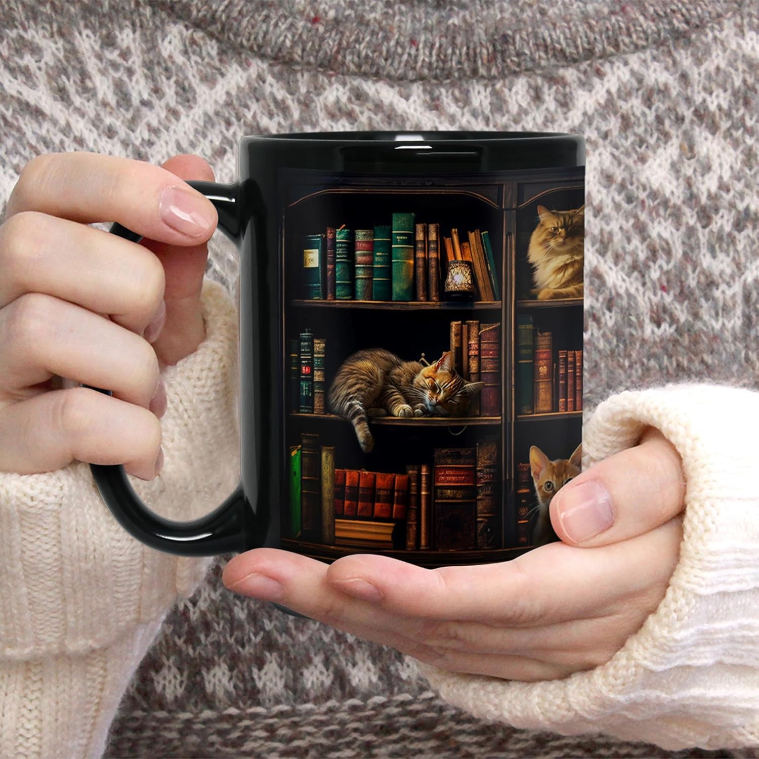 Cat Book Mug Book Lovers Gifts for Readers - Books Lover Bookish Gifts for Bookworm Women - Library Bookshelf Mug - Best Gift for Cat Lover - Reading Writer Women Black Coffee Cup 11oz