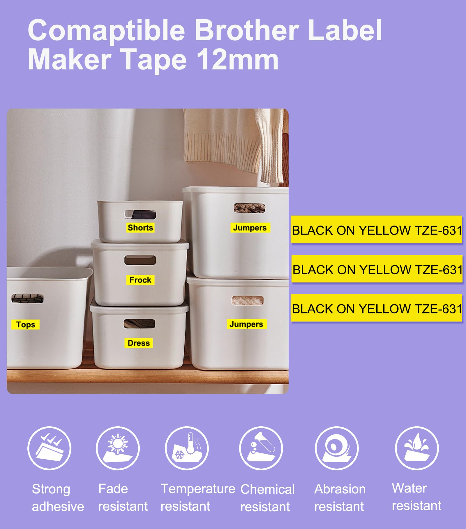 12mm Yellow Label Tape TZe-631 Replace for Brother TZe TZ Tape 12mm 0.47 Laminated Yellow TZe631 TZ-631 P Touch Label Maker Tape for Brother Ptouch PT-D210 PT-D220 PT-H110 D600 D400, 5-Pack