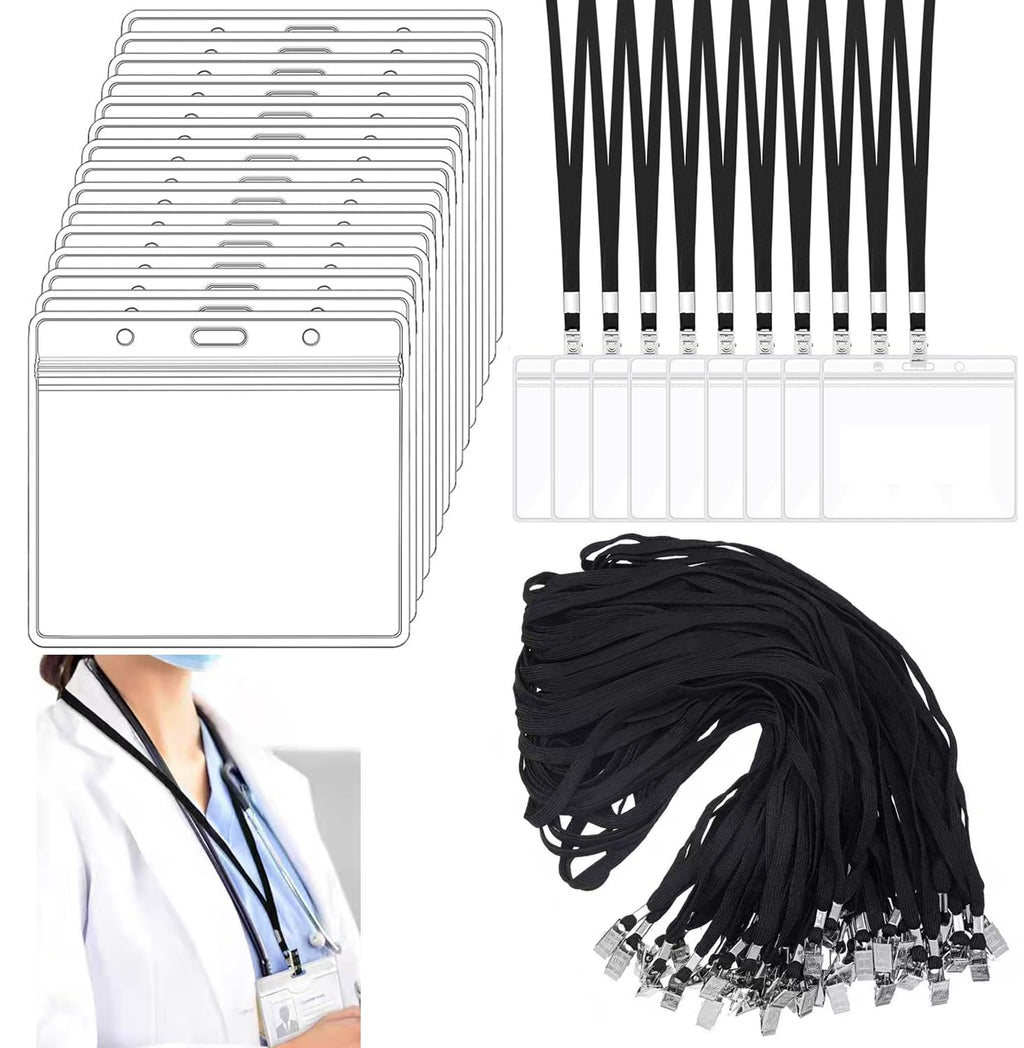 140 Pcs Lanyards with ID Holder, 4x3 in Badge Holder with Lanyards 70 Pcs Clear Waterproof Horizontal Name Tag and 70 Pcs Black Neck Badge Lanyards for Office School