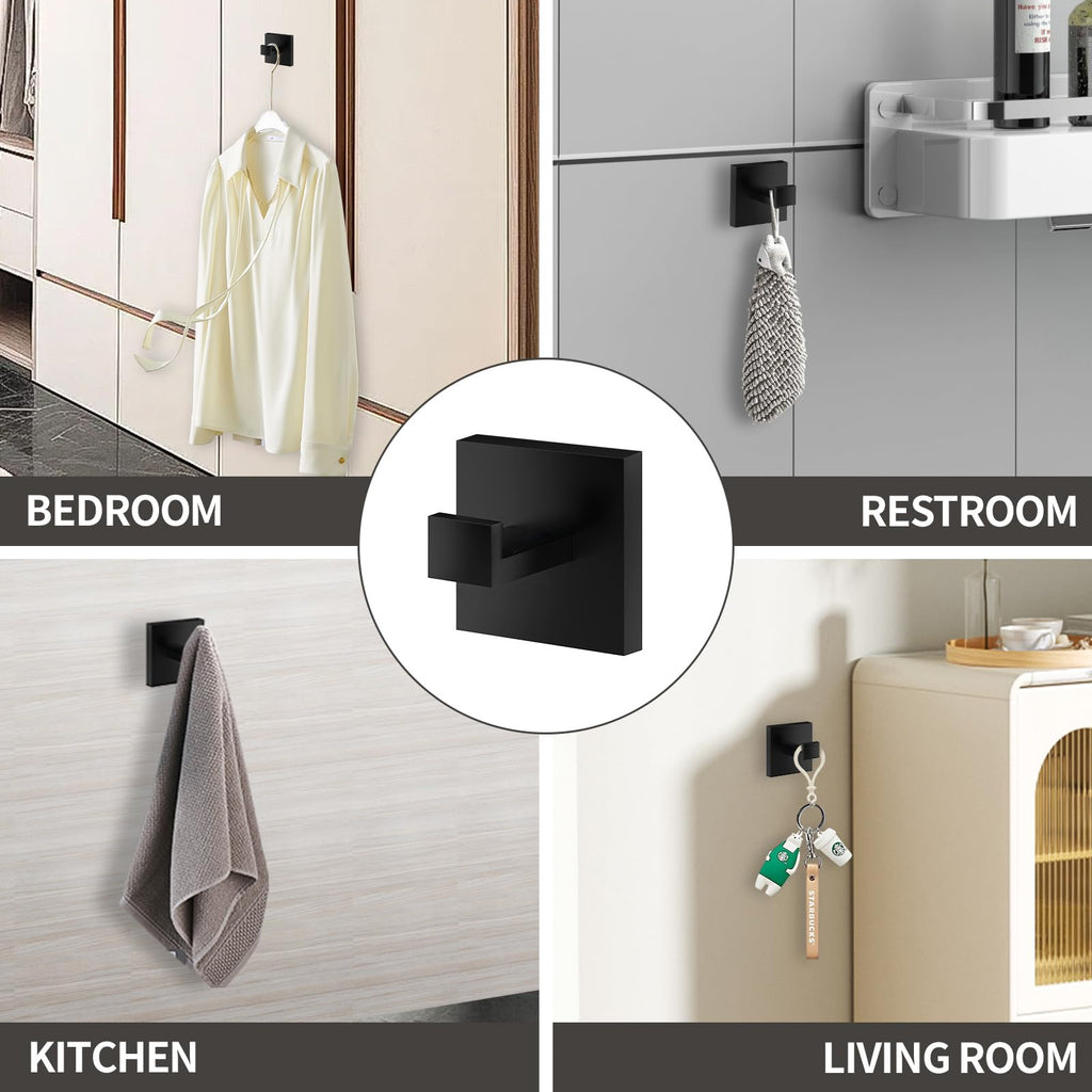 Menbyci 4 Pack Bathroom Towel Hooks, Screw-in Square Matte Black Wall Hooks Robe Hook, Anti-Rust SUS304 Stainless Steel Heavy-Duty Door Hanger Coat Hook, Sturdy for Bathroom/Bedroom/Kitchen/Hotel