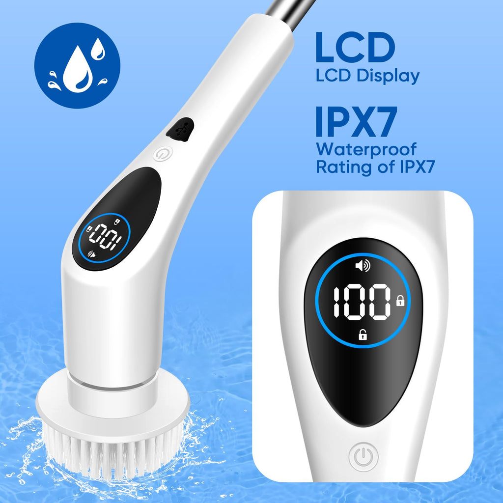 Electric Spin Scrubber, Upgrade Cordless Cleaning Brush with 9 Replaceable Cleaning Brush Heads, 3 Rotating Speeds, LED Display,Adjustable Extension Arm, Power Shower Scrubber for Bathroom Tile Floor