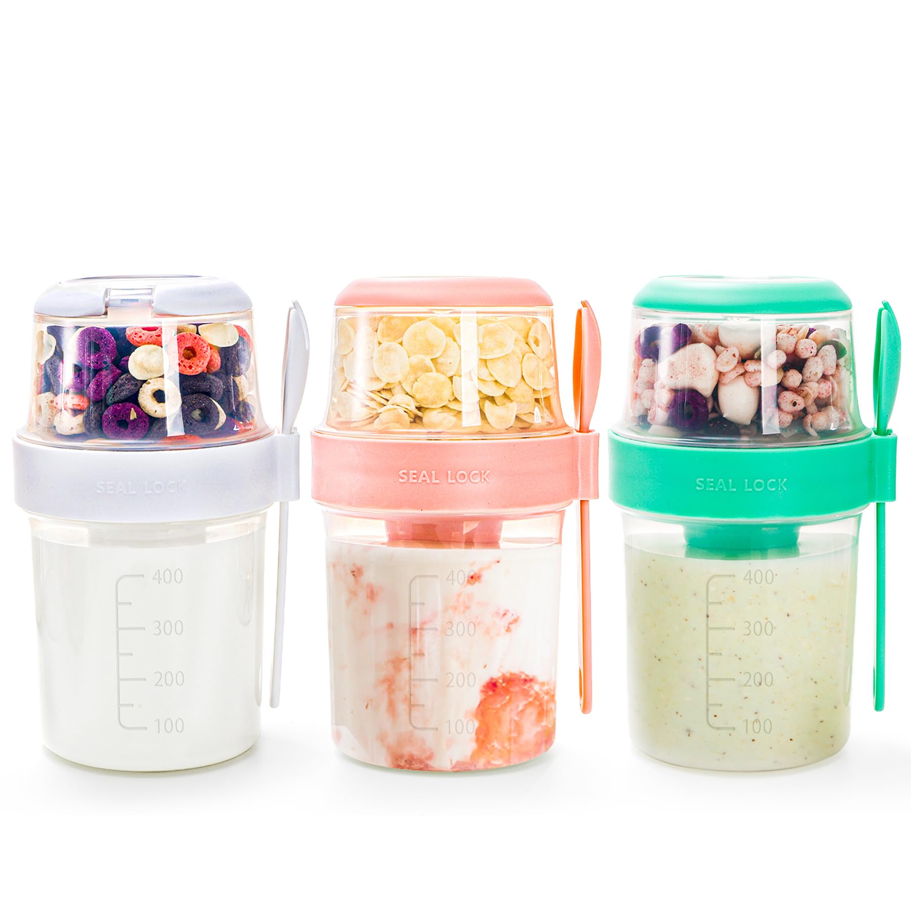 Kingrol 3 Pack 18 oz Overnight Oats Containers to Go, Large Yogurt Parfait Cups with Lid, Spork (Spoon-Fork Hybrid) & Topping Compartment, Reusable Leak-Proof Adult Meal Prep Containers