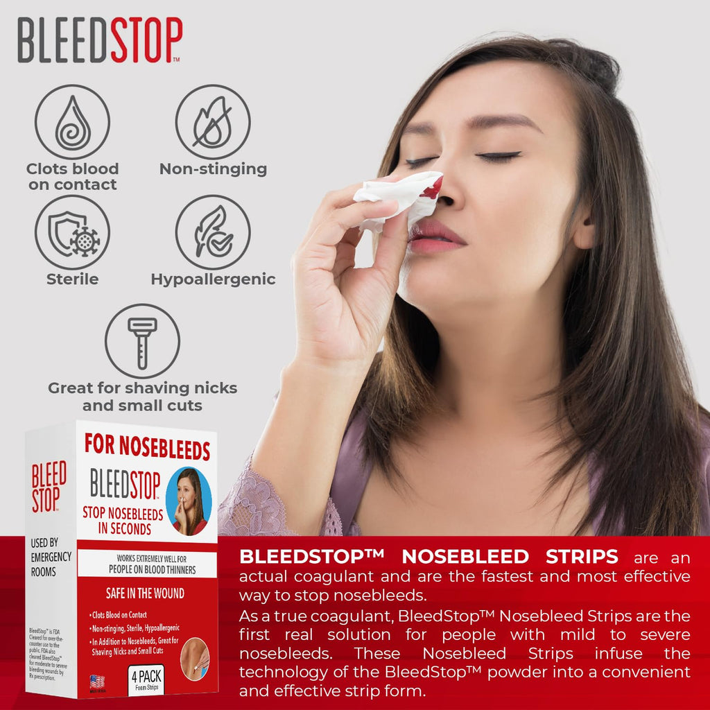 BleedStop™ Nosebleed Strips – Fast Acting Blood Coagulant Foam Inserts – Helps Clot Blood on Contact – Non-Stinging Sterile Hypoallergenic for Mild to Heavy Nosebleeds
