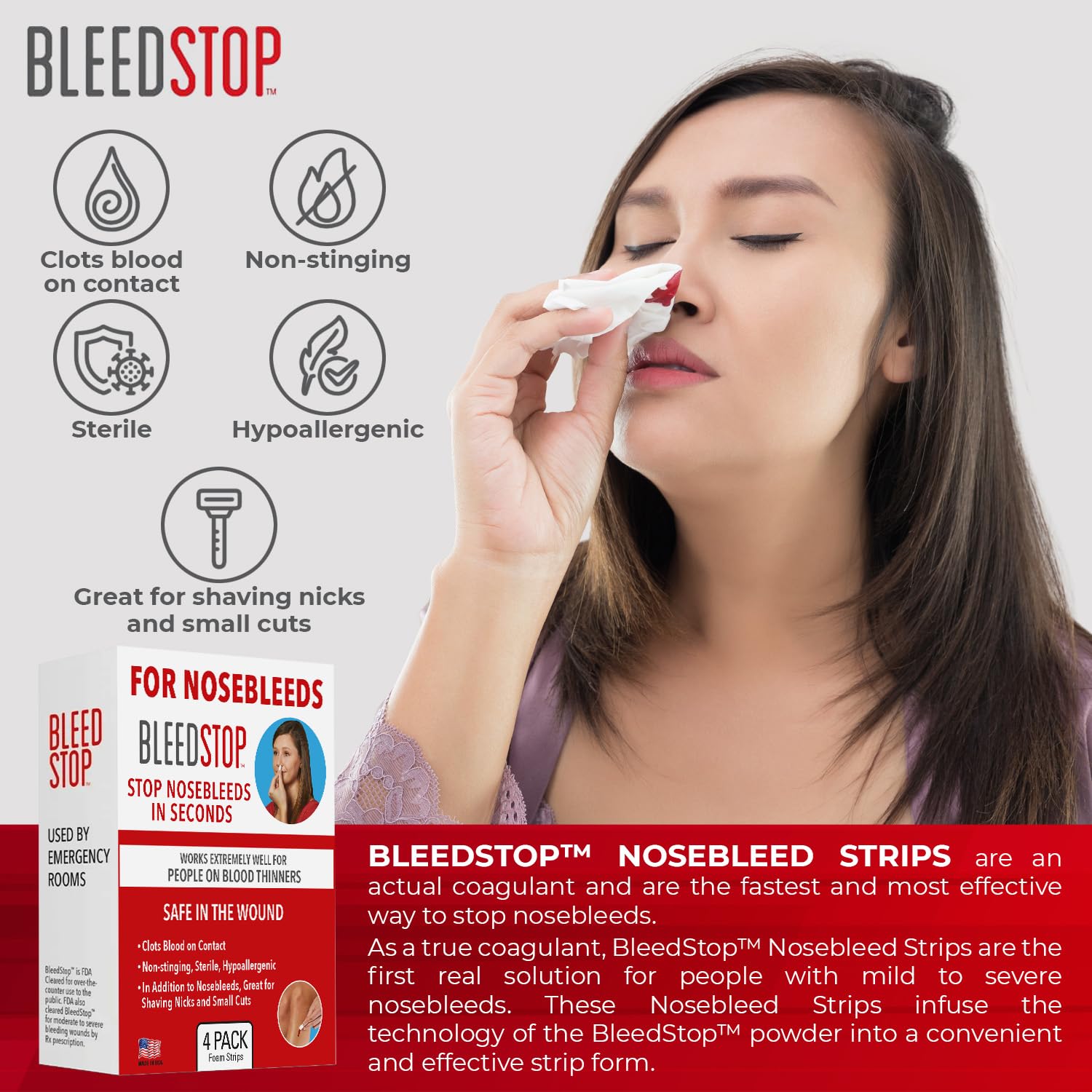 BleedStop™ Nosebleed Strips – Fast Acting Blood Coagulant Foam Inserts – Helps Clot Blood on Contact – Non-Stinging Sterile Hypoallergenic for Mild to Heavy Nosebleeds