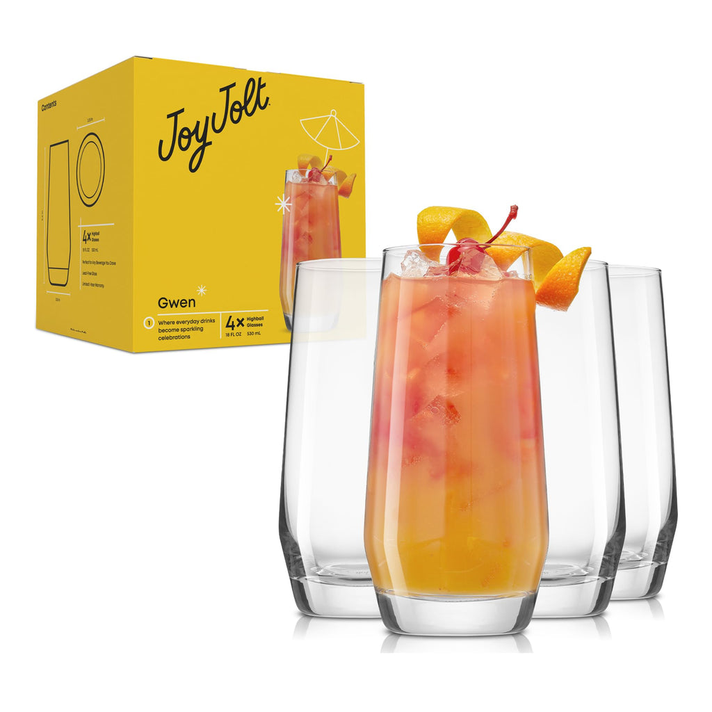 JoyJolt Gwen Highball Glasses Set of 4 Tall Drinking Glasses. 18oz Cocktail Glass Set. Lead-Free Crystal Glassware. Bourbon or Whiskey Glass Cup, Bar, Iced Tea, Water, Mojito and Tom Collins Glasses