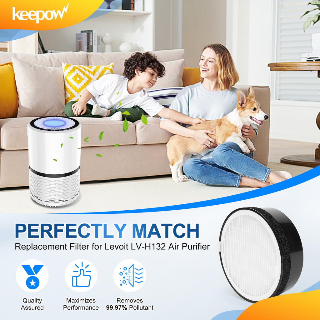 KEEPOW Replacement Filter LV-H132-RF for Levoit Air Purifier LV-H132, 2 Pack HEPA and Activated Carbon Filter