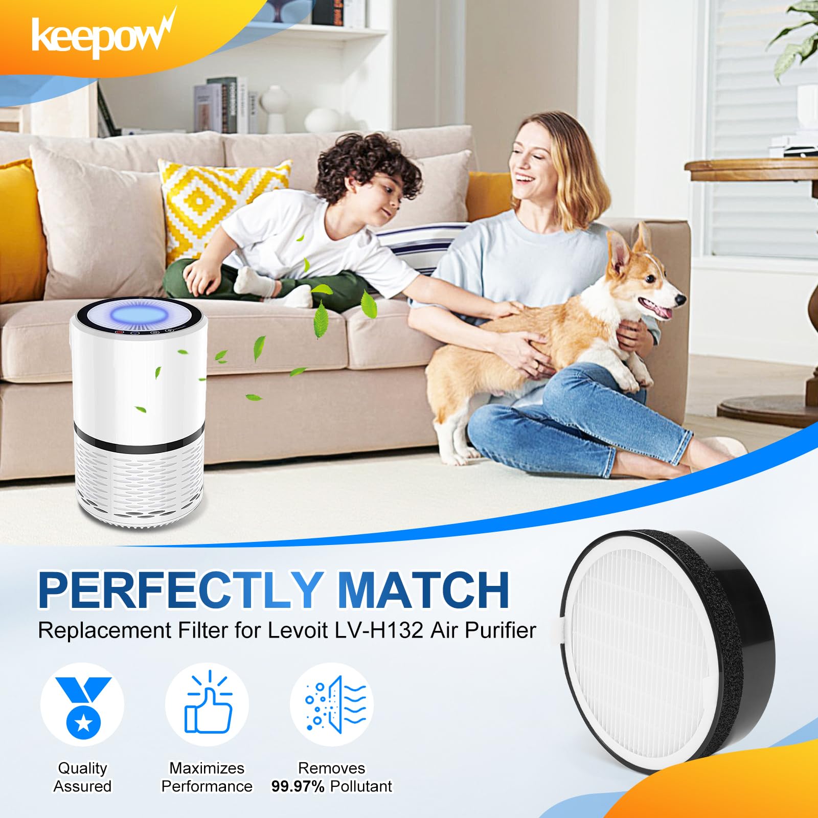 KEEPOW Replacement Filter LV-H132-RF for Levoit Air Purifier LV-H132, 2 Pack HEPA and Activated Carbon Filter