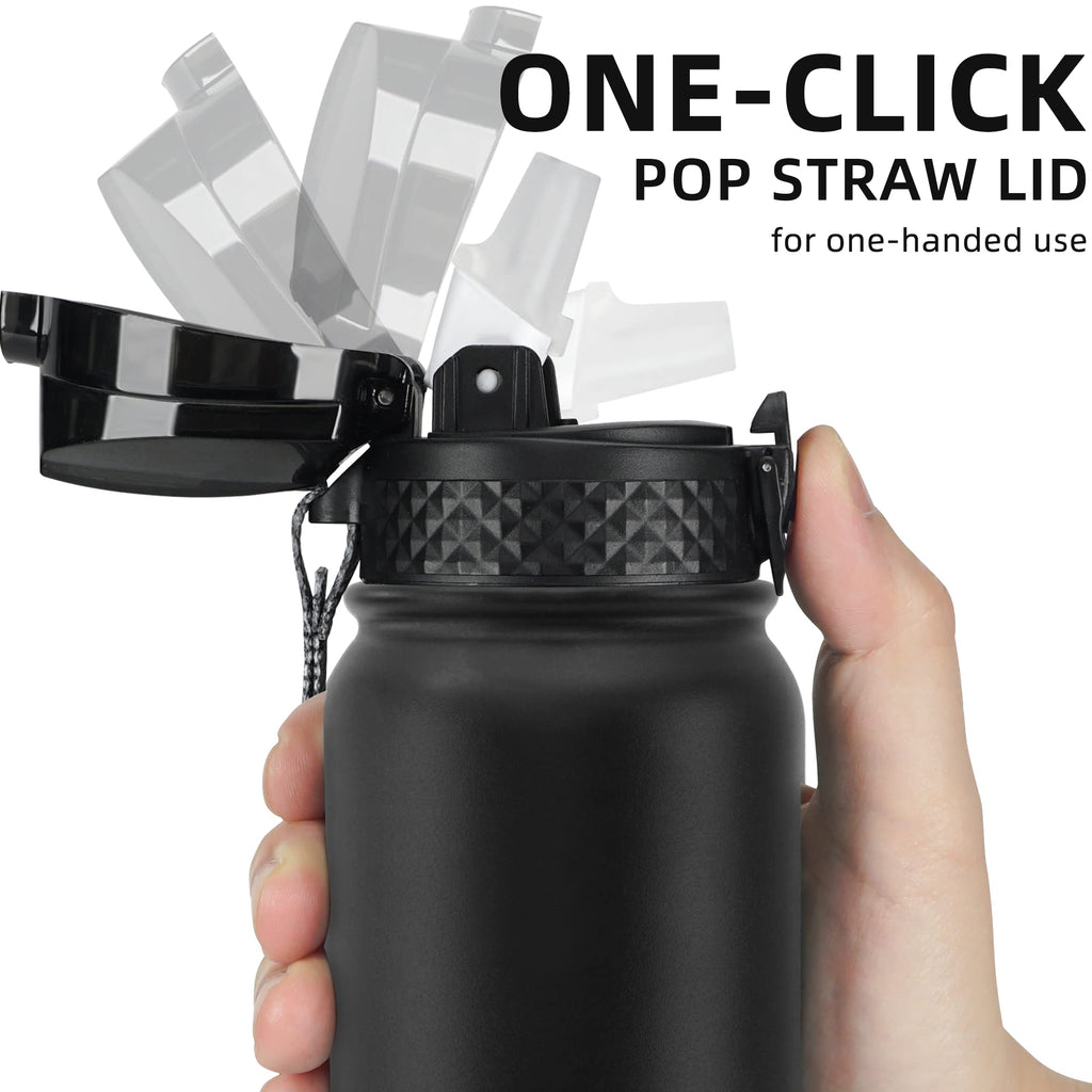 Fanhaw 20 Oz Stainless Steel Insulated Sports Water Bottles with Straw for Kids, Men and Women (Black)