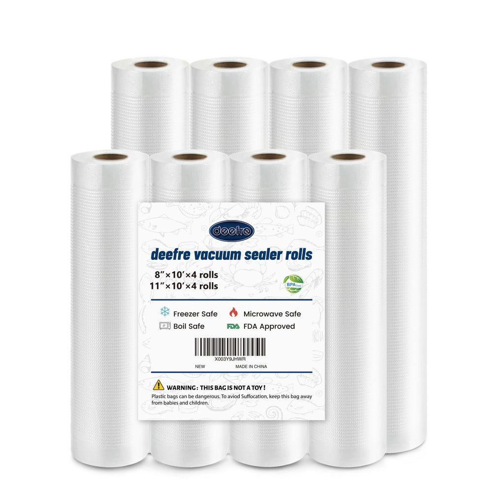 Deefre Vacuum Sealer Bags 4 Rolls 8"x10' and 4 Rolls 11"x10' Commercial Grade Food Saver Bags for Seal a Meal, BPA Free, Heavy Duty, Great for vac Storage, Meal Prep or Sous Vide