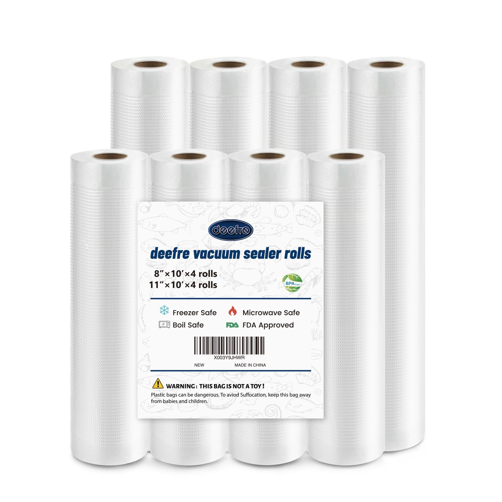 Deefre Vacuum Sealer Bags 4 Rolls 8"x10' and 4 Rolls 11"x10' Commercial Grade Food Saver Bags for Seal a Meal, BPA Free, Heavy Duty, Great for vac Storage, Meal Prep or Sous Vide