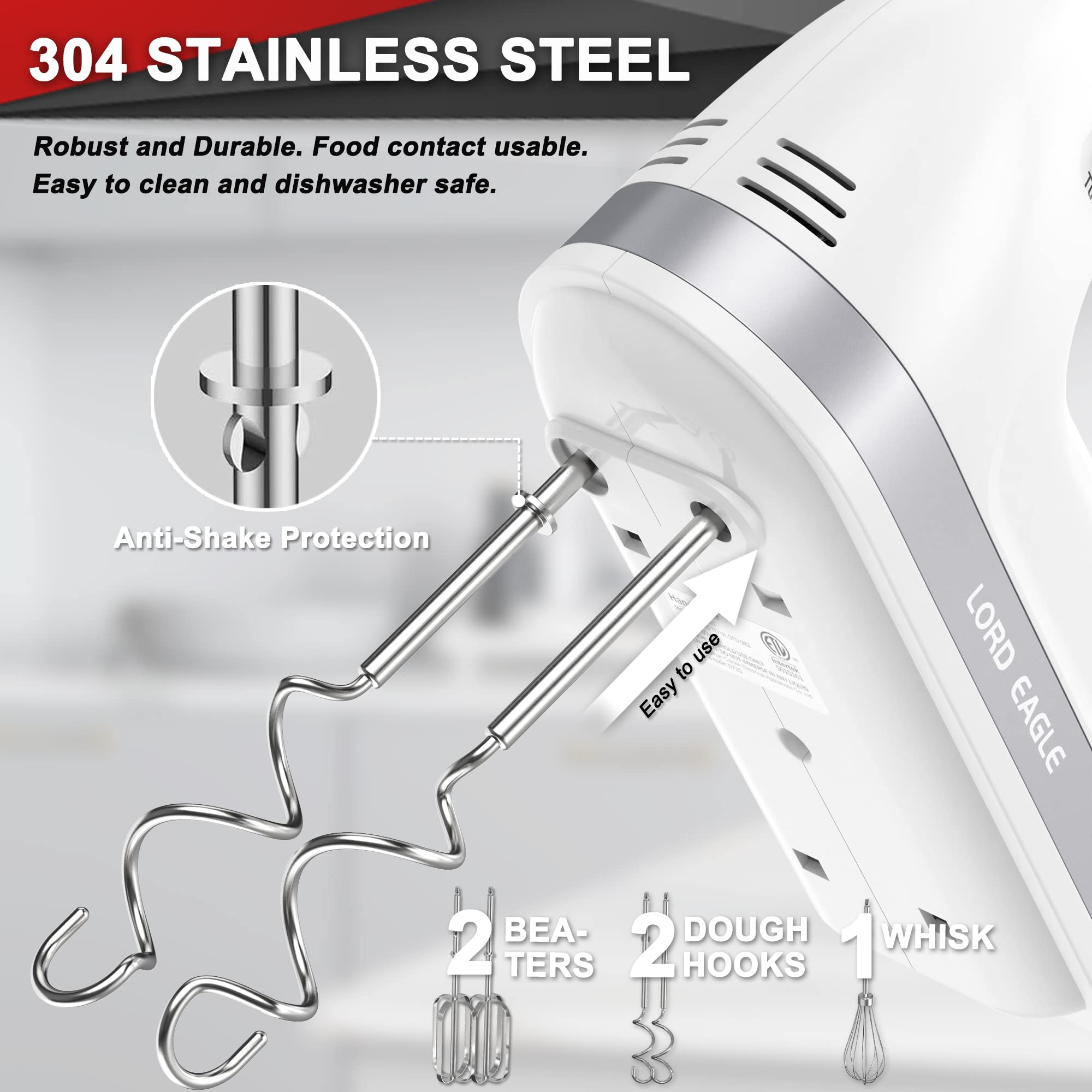 Lord Eagle Hand Mixer Electric Handheld 400W, 5-Speed Lightweight Kitchen Mixer with Storage Case, 5 Stainless Steel Attachments for Baking Cake Egg Cream Food Beater, Turbo+Eject Button