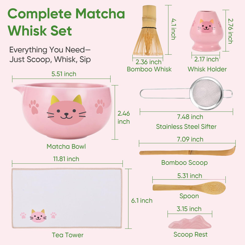 Vanmiya Matcha Whisk Set, 8Pcs Matcha Set for Ceremony, Matcha Kit, Matcha Whisk and Ceramic Bowl with Matcha Scoop & Sifter and All Accessories for Breakfast, Afternoon Tea, Gift for Matcha Lovers