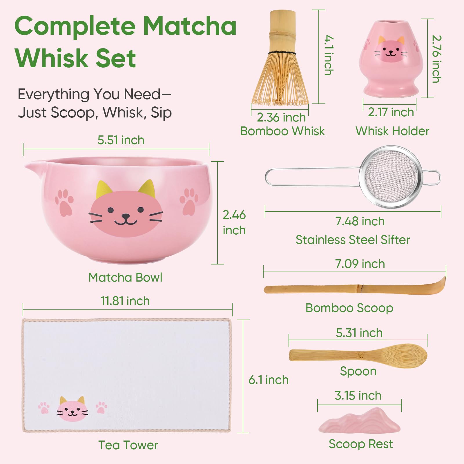 Vanmiya Matcha Whisk Set, 8Pcs Matcha Set for Ceremony, Matcha Kit, Matcha Whisk and Ceramic Bowl with Matcha Scoop & Sifter and All Accessories for Breakfast, Afternoon Tea, Gift for Matcha Lovers
