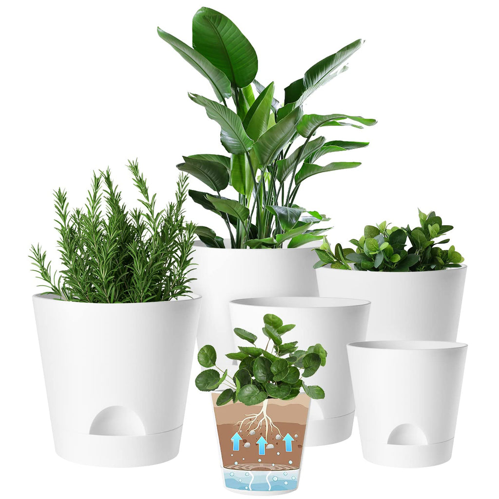 Self Watering Planters, 6 Pcs 8''+7"+6.5"+6"+5.5"+5" Plastic Flower Pots with Detachable Reservoir and Drainage Holes, Modern White Planter for Decorative Indoor Outdoor Plants (White)