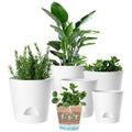 Self Watering Planters, 6 Pcs 8''+7"+6.5"+6"+5.5"+5" Plastic Flower Pots with Detachable Reservoir and Drainage Holes, Modern White Planter for Decorative Indoor Outdoor Plants (White)