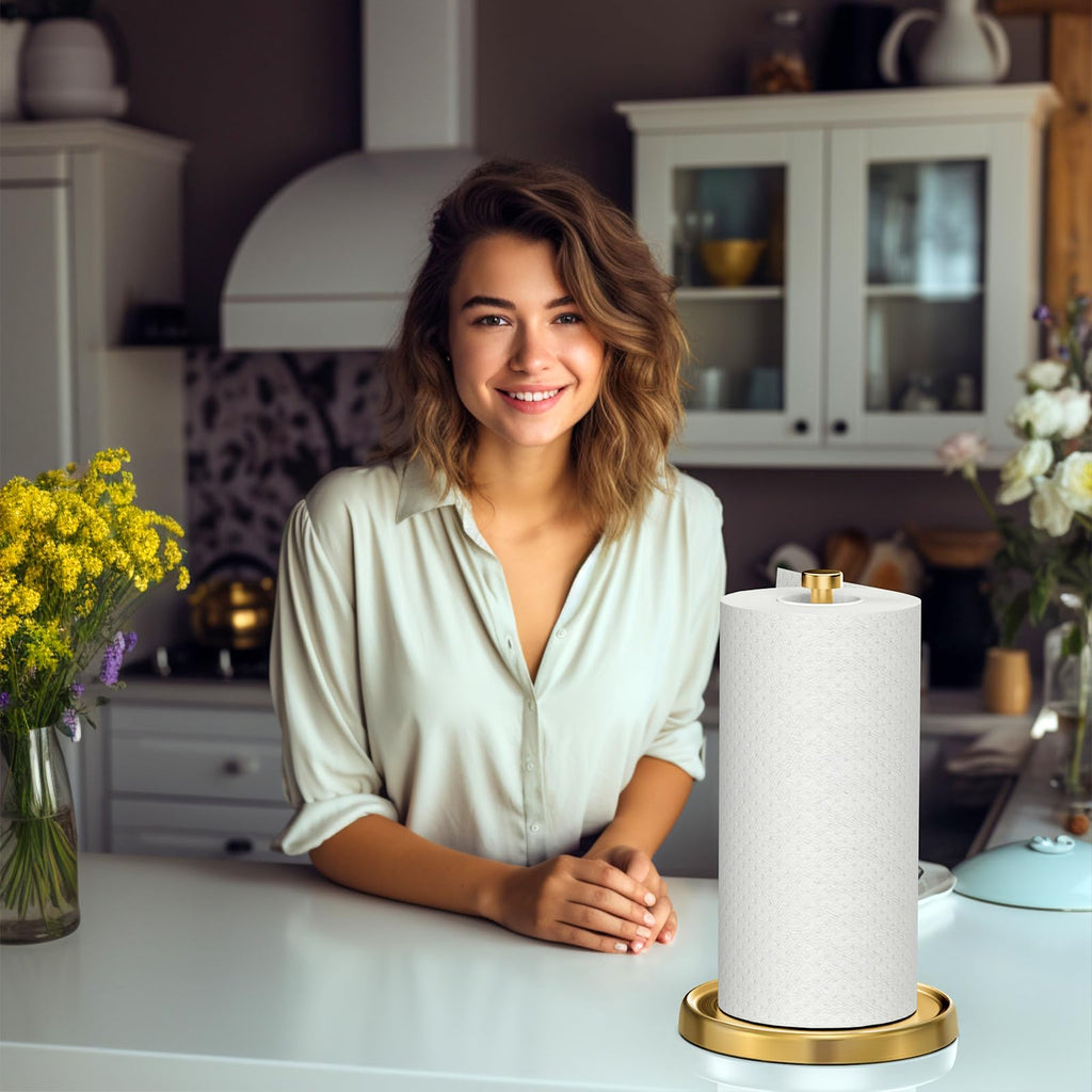 Paper Towel Holder Countertop, One-Handed Tear, Stainless Steel, Weighted Base, Porte Essuie Tout with Ratchet Mechanism for Kitchen Bathroom Decor Accessories, Gold