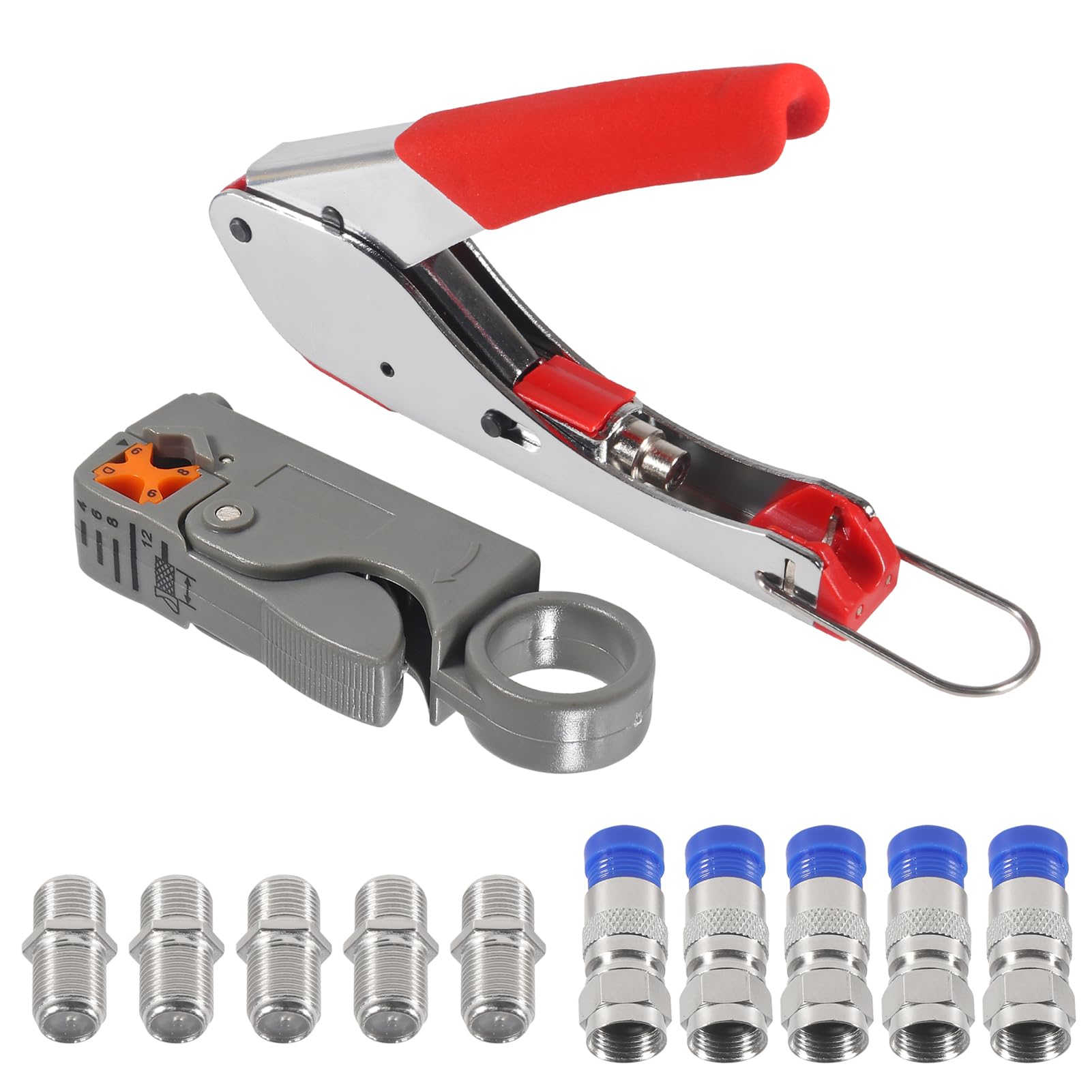 Coax Cable Crimper Tool Kit Coaxial Compression Tool Fitting Wire Stripper with 5PCS RG6 F Type Connector + 5PCS RG6 Coax Cable Extender