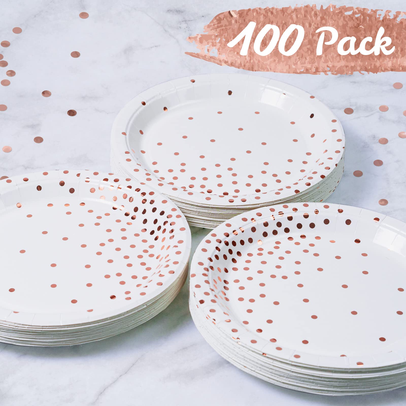 MATICAN 100-Pack Disposable Paper Plates - White & Rose Gold with Foil Polka Dots, 9-Inch
