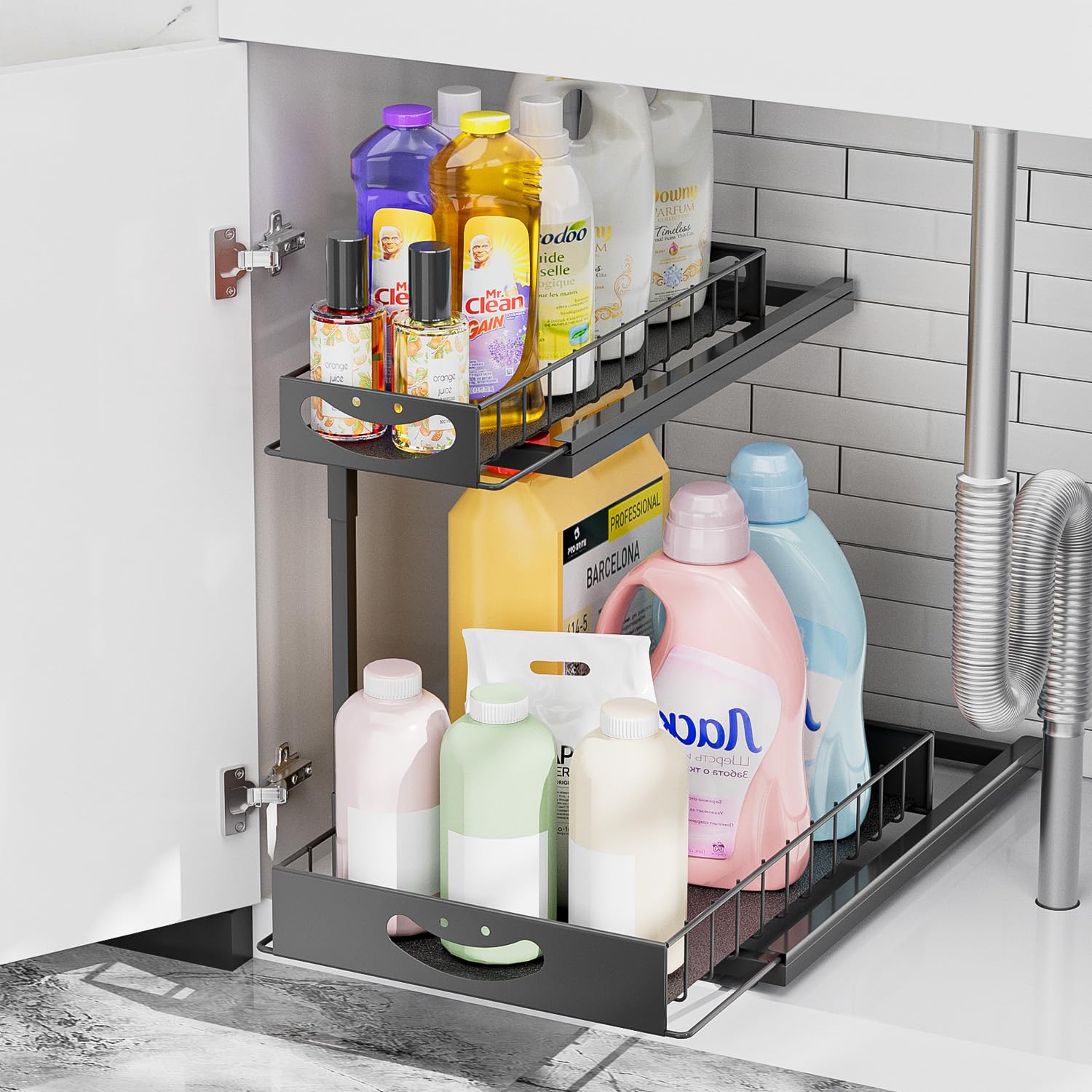 JAQ Under Sink Organizer, 2 Tier Metal Slide Out Under Cabinet Storage Shelves Rack for Kitchen Bathroom Pantry Lanudry, Attractive Emoji Smile Handle (Black, 1 Pack)
