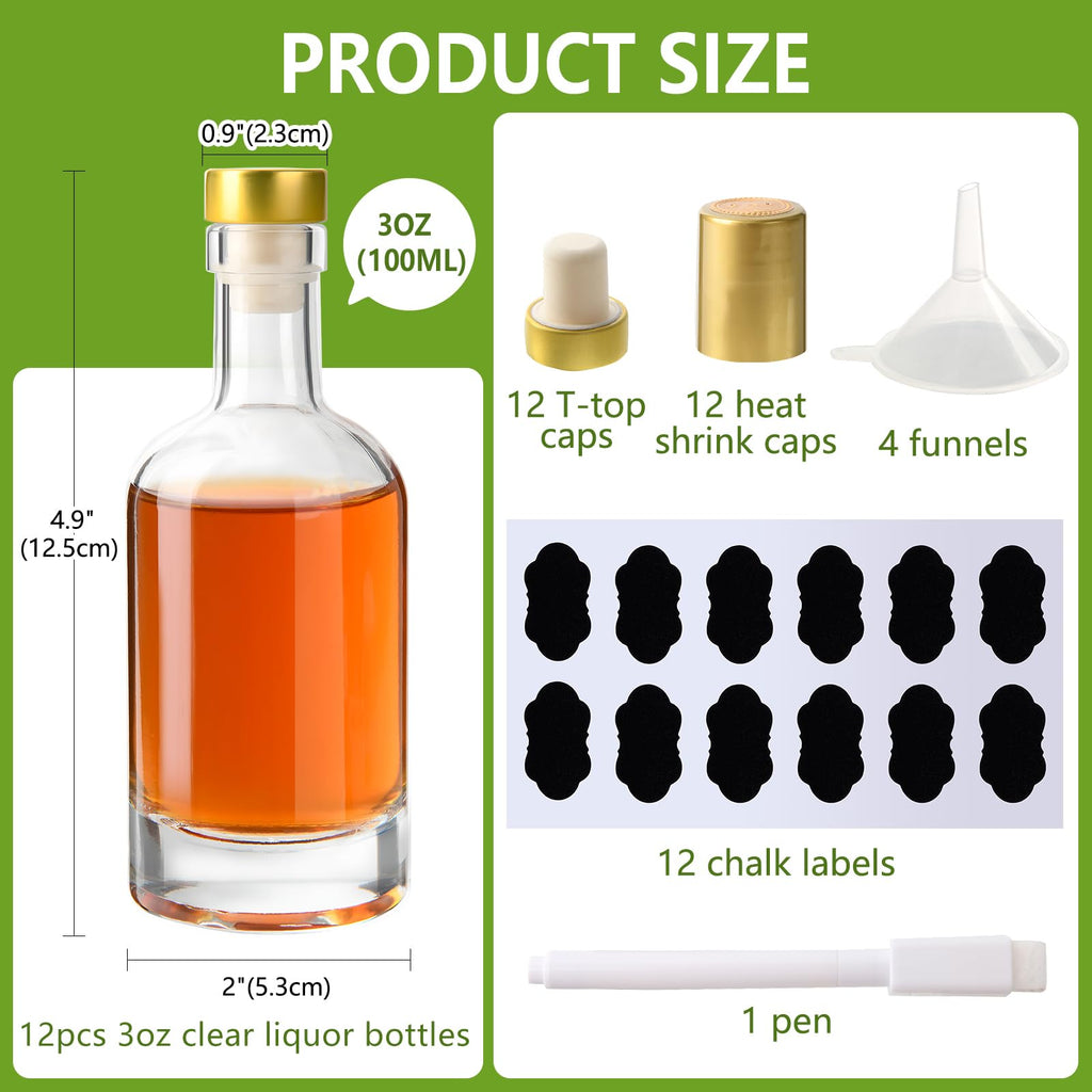 BPFY 12 Pack 3oz (100ml) Small Glass Liquor Bottles with T-Top Caps and Heat Shrink Capsules, Empty Mini Vodka Bottles, Travel Shots Bottle for Wine, Alcohol, Whiskey (3oz with T-Top Lids)