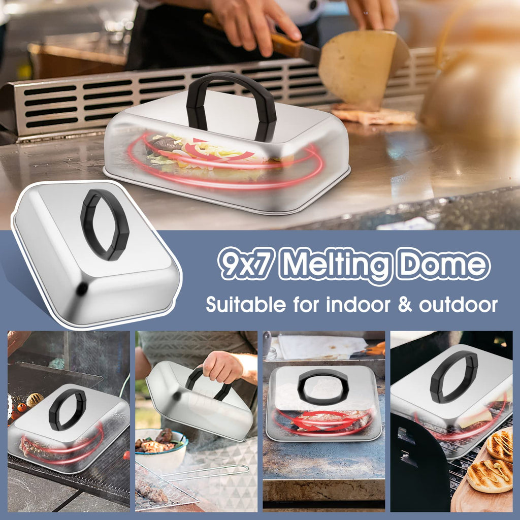 HaSteeL Cheese Melting Dome Set of 2, Stainless Steel Rectangular 9x7 Inch Basting Steaming Cover, Heavy Duty Metal Grill Dome for Flat Top Teppanyaki Barbecue Cooking Indoor/Outdoor, Dishwasher Safe