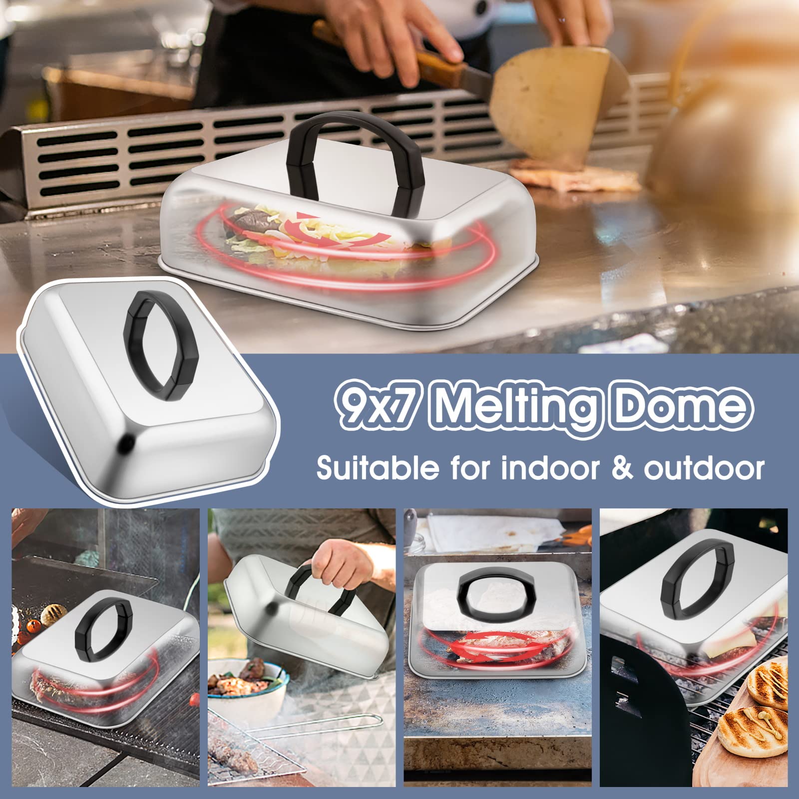 HaSteeL Cheese Melting Dome Set of 2, Stainless Steel Rectangular 9x7 Inch Basting Steaming Cover, Heavy Duty Metal Grill Dome for Flat Top Teppanyaki Barbecue Cooking Indoor/Outdoor, Dishwasher Safe