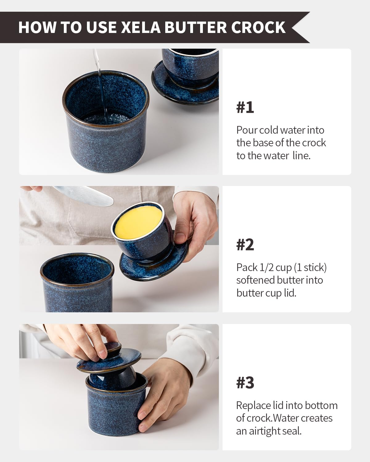 XELA Ceramic Butter Crock, The Original Reactive Glaze, Butter Dish with Water Line for Spreadable Fresh Butter - Kiln Turns Blue