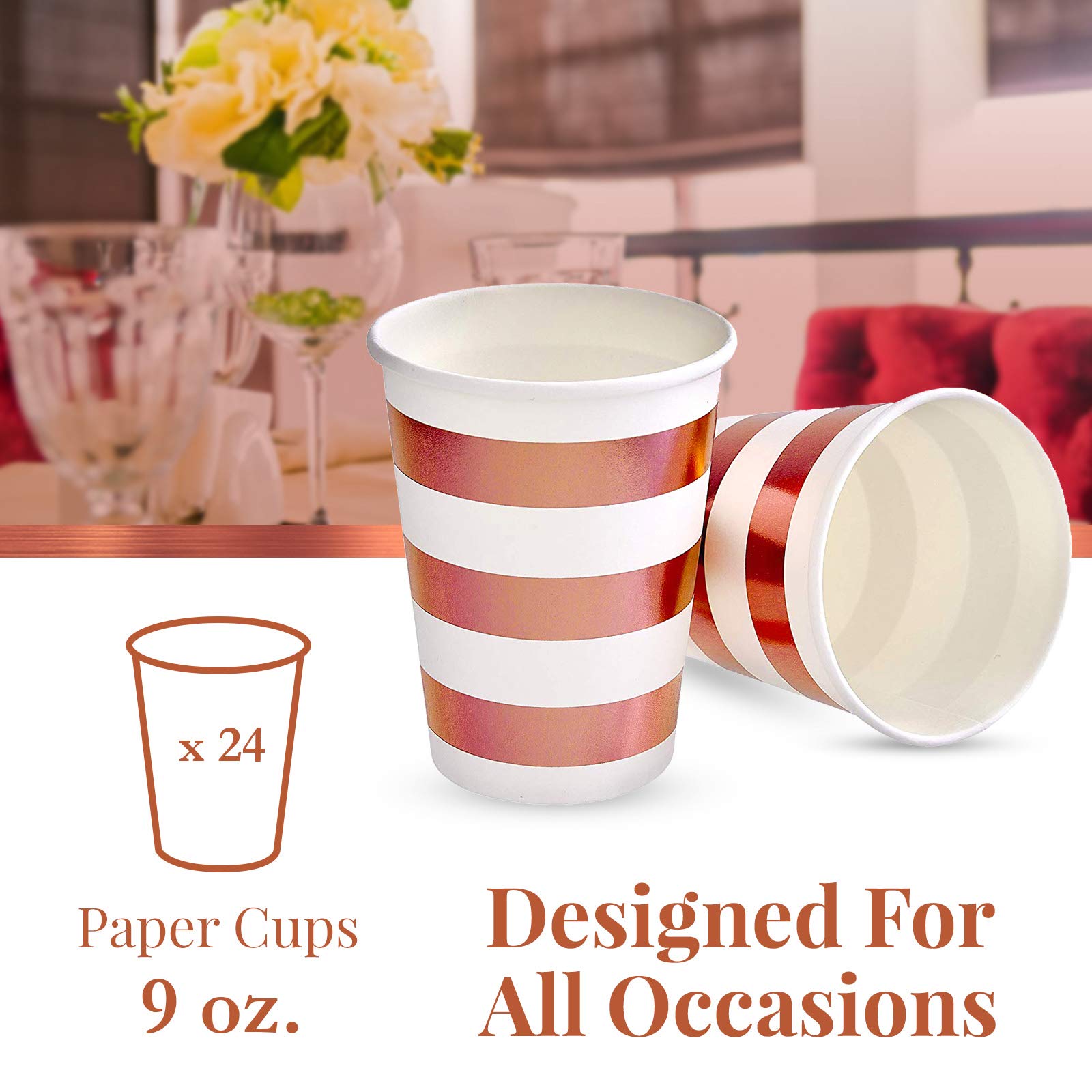 SILVER SPOONS Party Disposable Decorative HOT Cups | 9 oz | Metallic Rose Gold Stripe | for Upscale Parties and Events | 24 pc