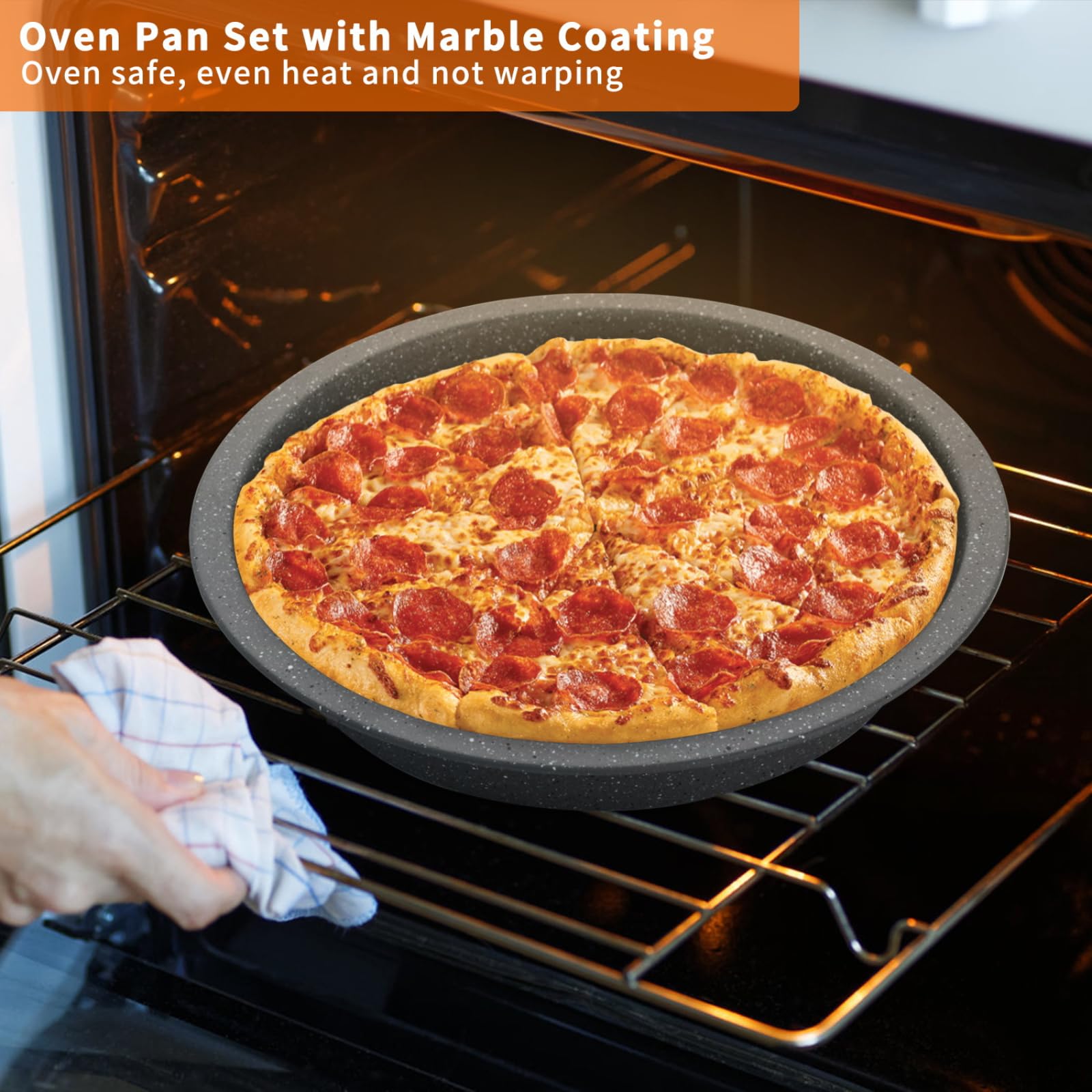 Barlket Baking Pans Set, Baking Set Nonstick with Grey Marble Coating, 5-Piece, Oven Safe, Even Heating, Stackable Bakeware Set with Carbon Steel Round/Square Cake Pan, Muffin, Bread Tin