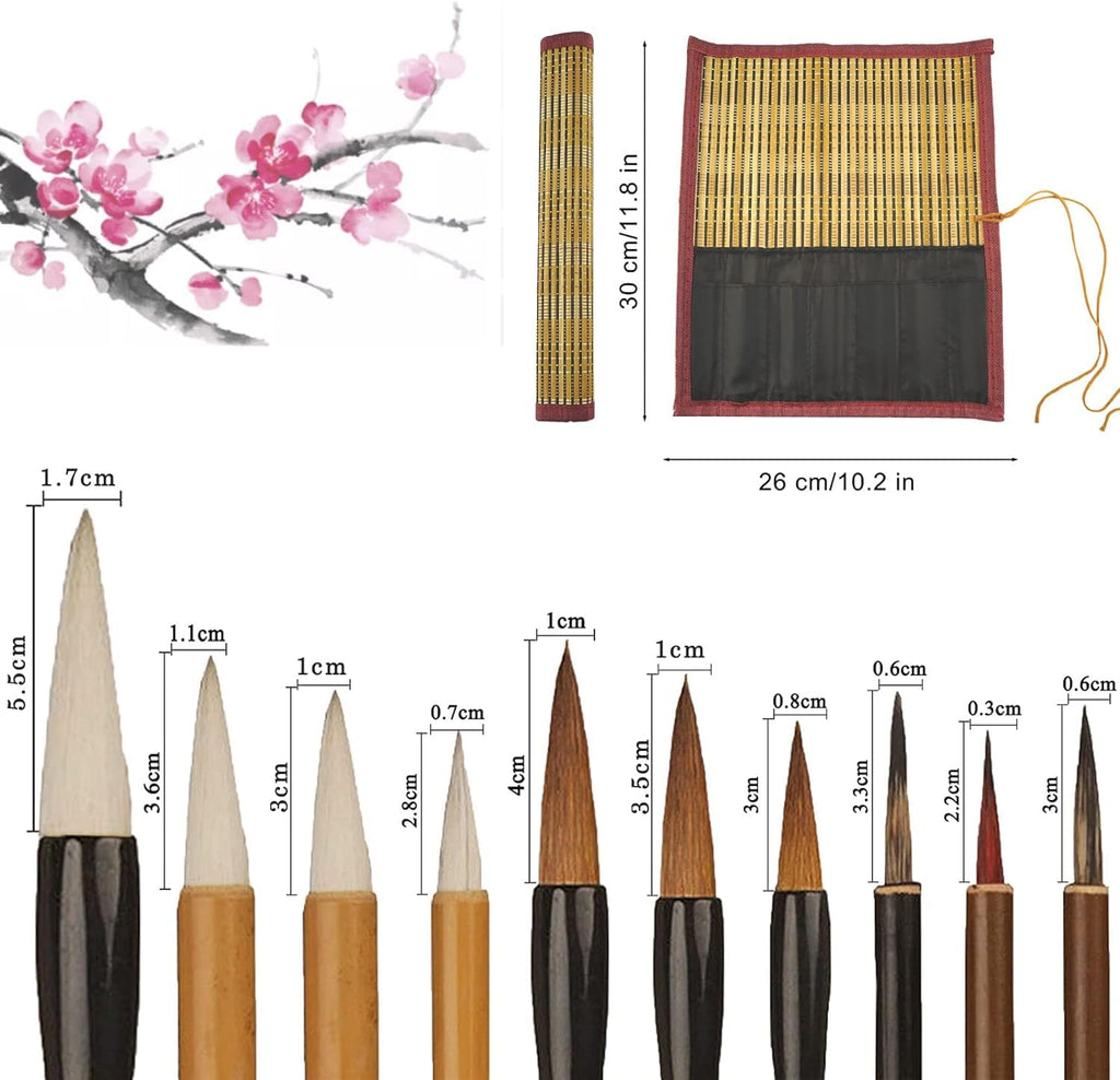 Chinese Calligraphy Brush, Chinese Brush Calligraphy Set with 10 Mixed Sizes Chinese Calligraphy Pen for Watercolour Painting Drawing Kanji Japanese Writting (with Holder)