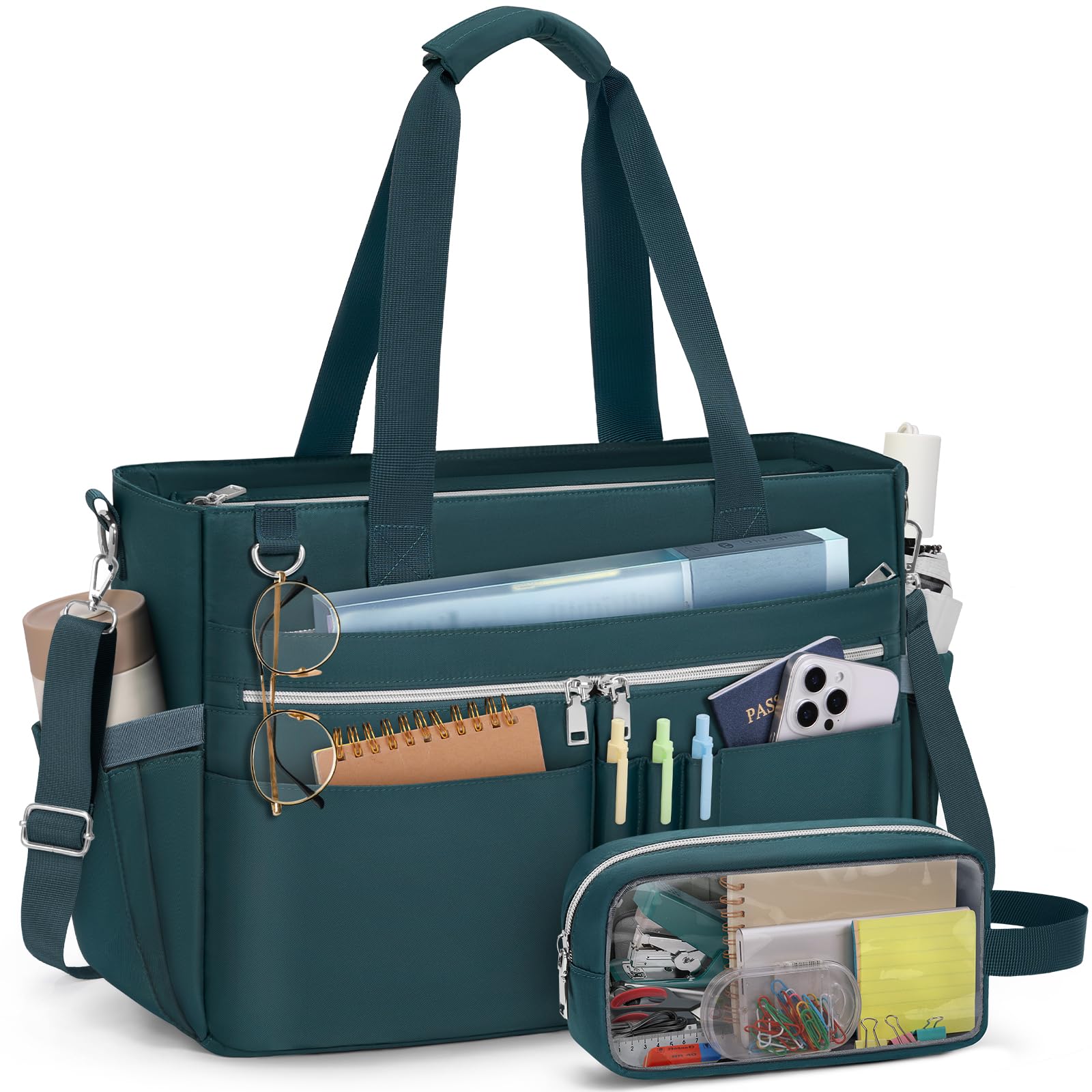Teacher Tote Bag for Women 15.6 Inch Laptop Briefcase with Clutch Bag, Nurse Bags Professional Work Handbag for Office College Nursing, Large Utility Tote Messenger Shoulder Bag, Dark Green